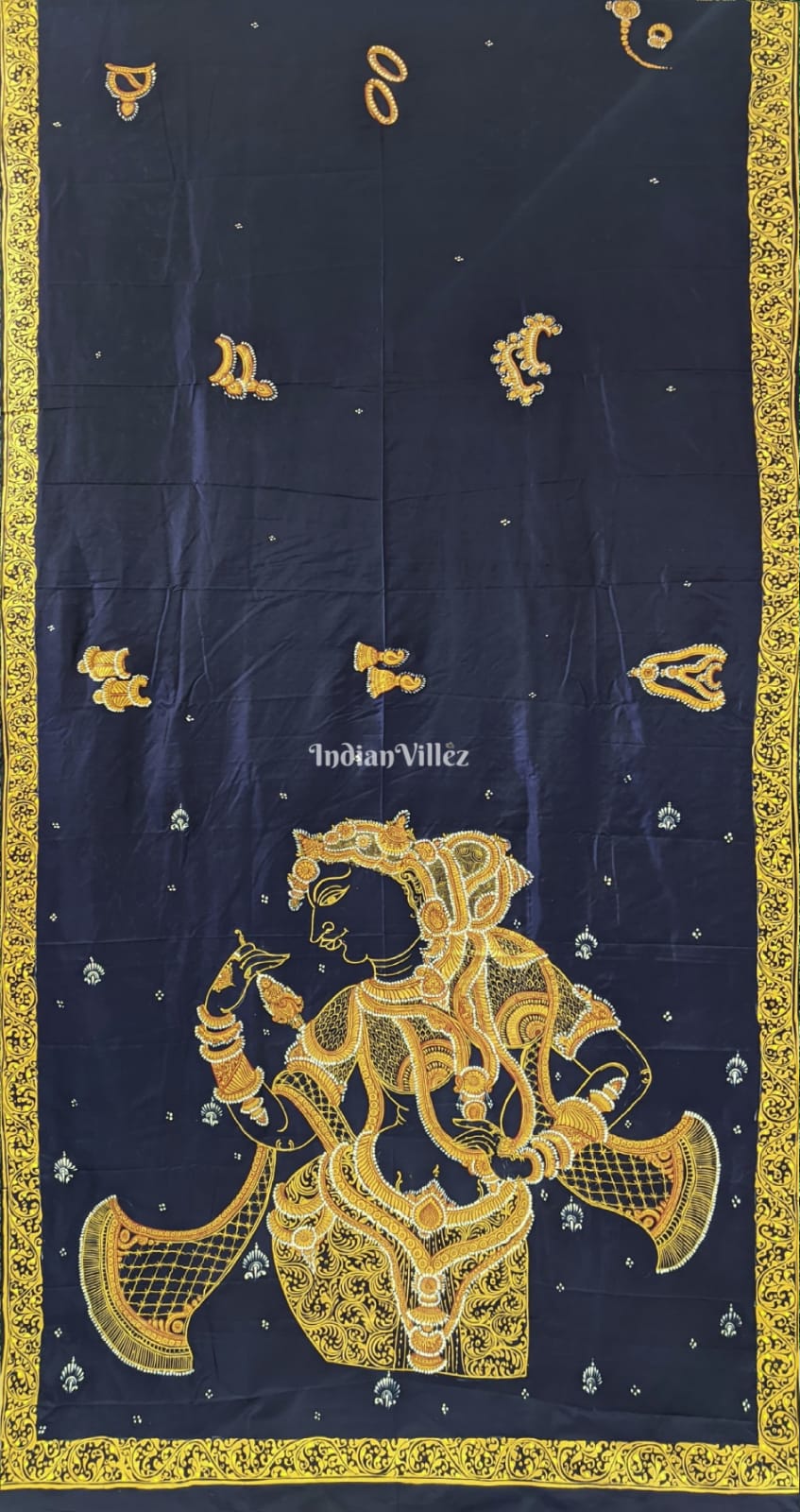 IndianVillèz Navy Blue Sringar Raas Hand-Painted Pattachitra Saree