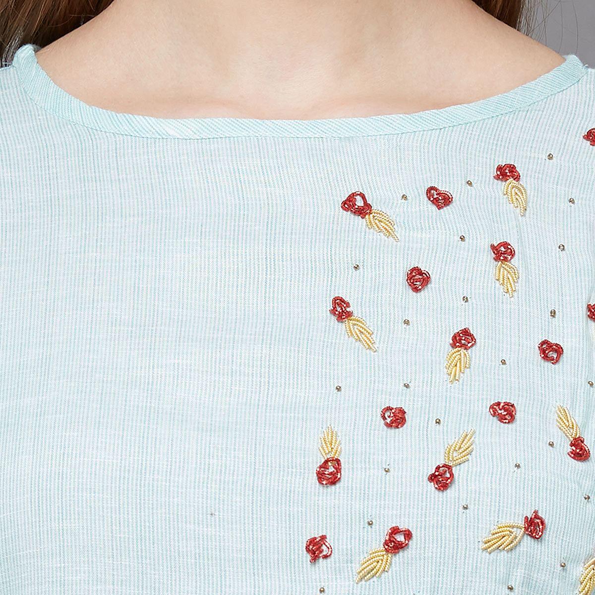 Peachmode Intricate Sky Blue Colored Casual Hand Embroidered Cotton Kurti - view 6