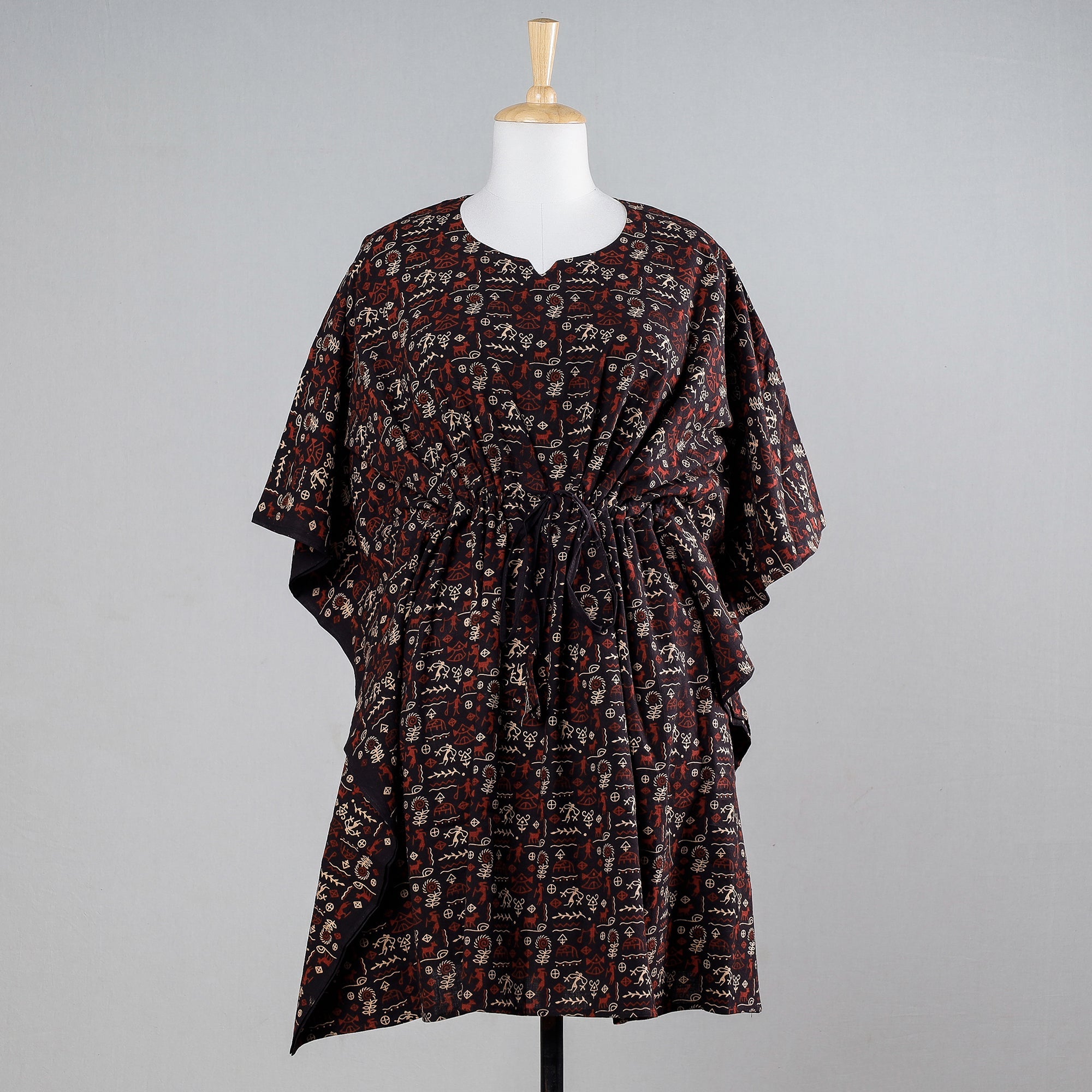 KACHCHH JI CHHAAP Black - Ajrakh Block Printed Cotton Kaftan with Tie-Up Waist (Medium)