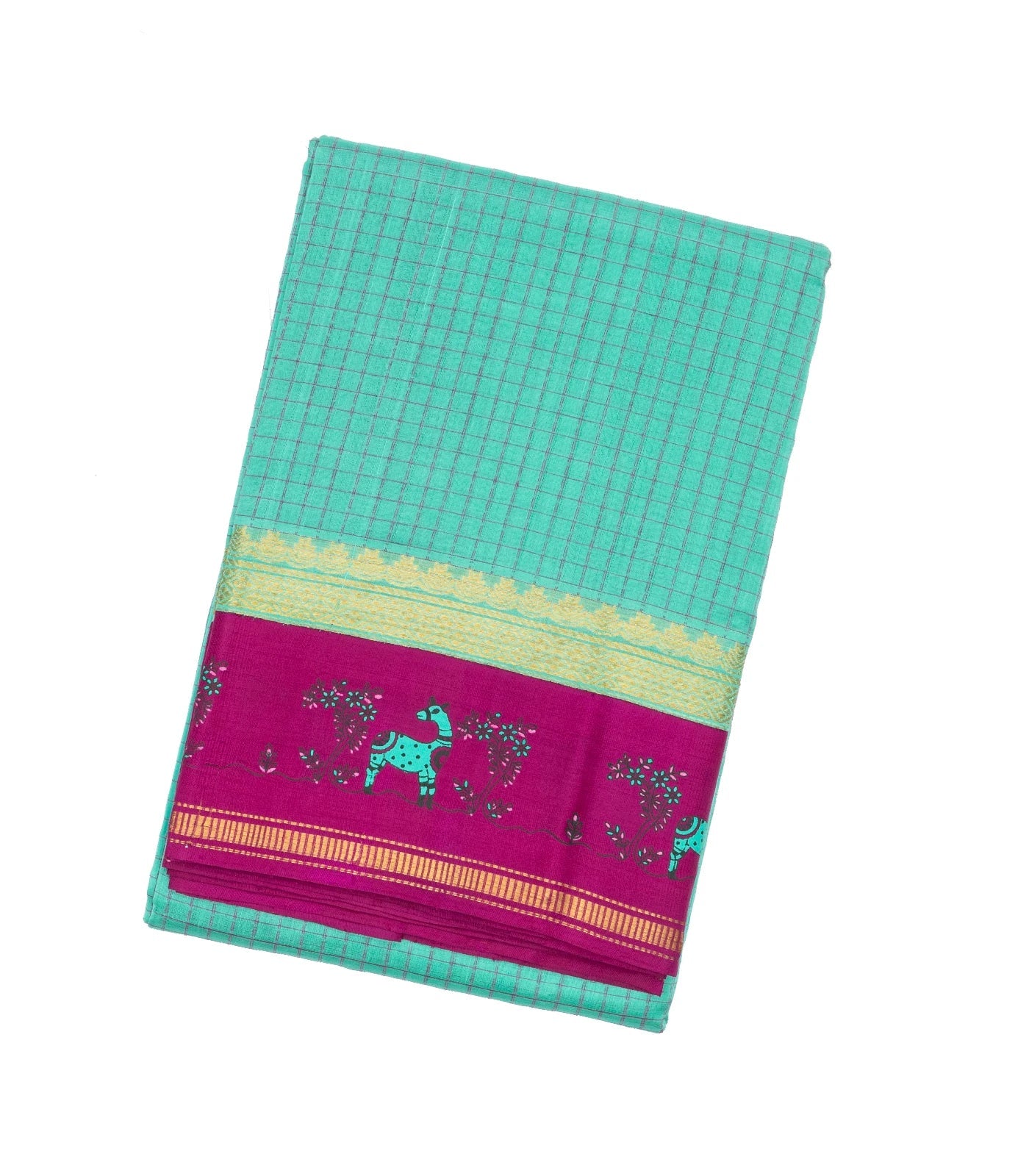 RmKV Turquoise Handloom Chirala Silk Cotton Saree With Checks