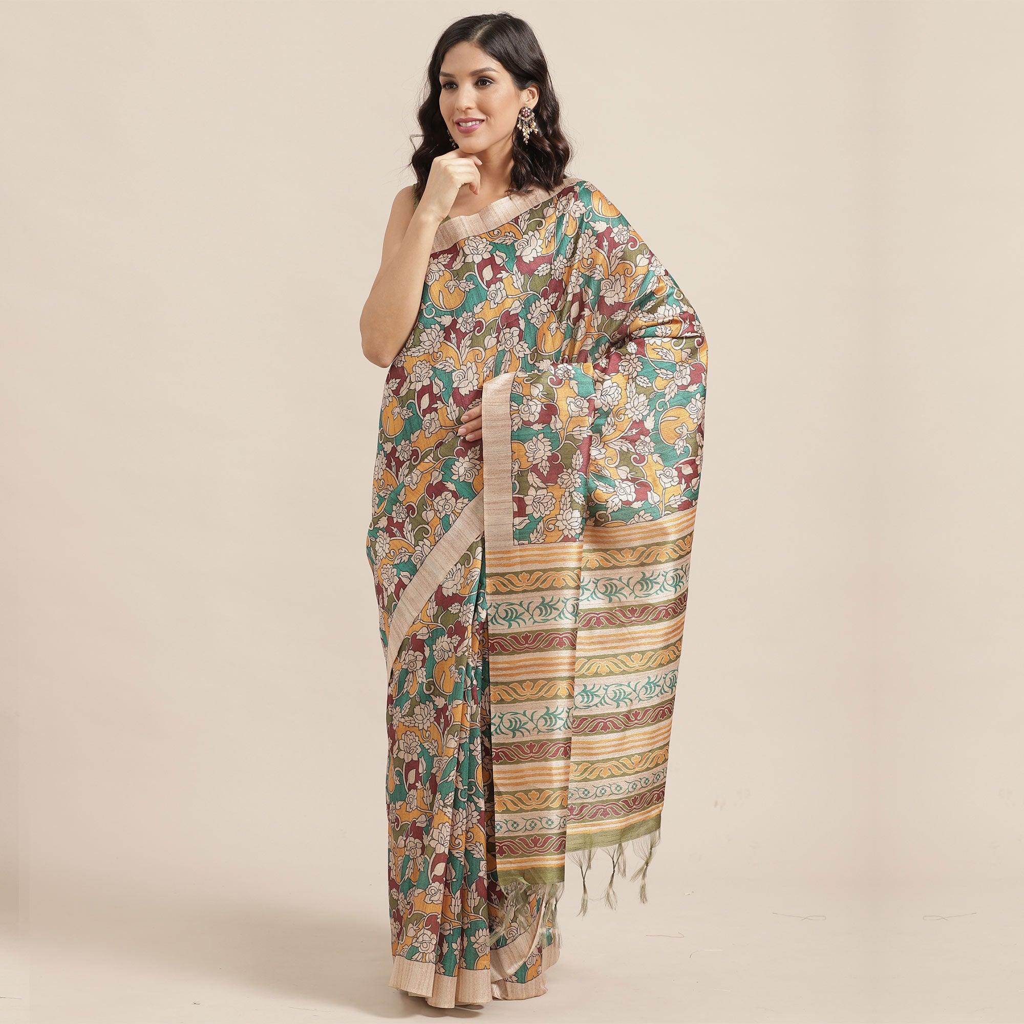 Peachmode Magnetic Beige-Multi Colored Casual Wear Floral Printed Silk Blend Saree With Tassels