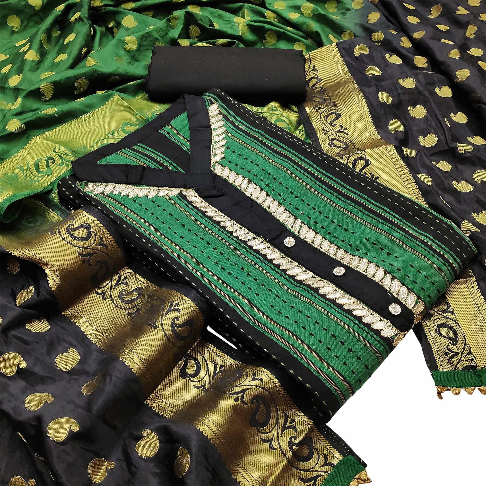 Peachmode Elegant Green Colored Festive Wear Embroidered Woven Cotton Dress Material