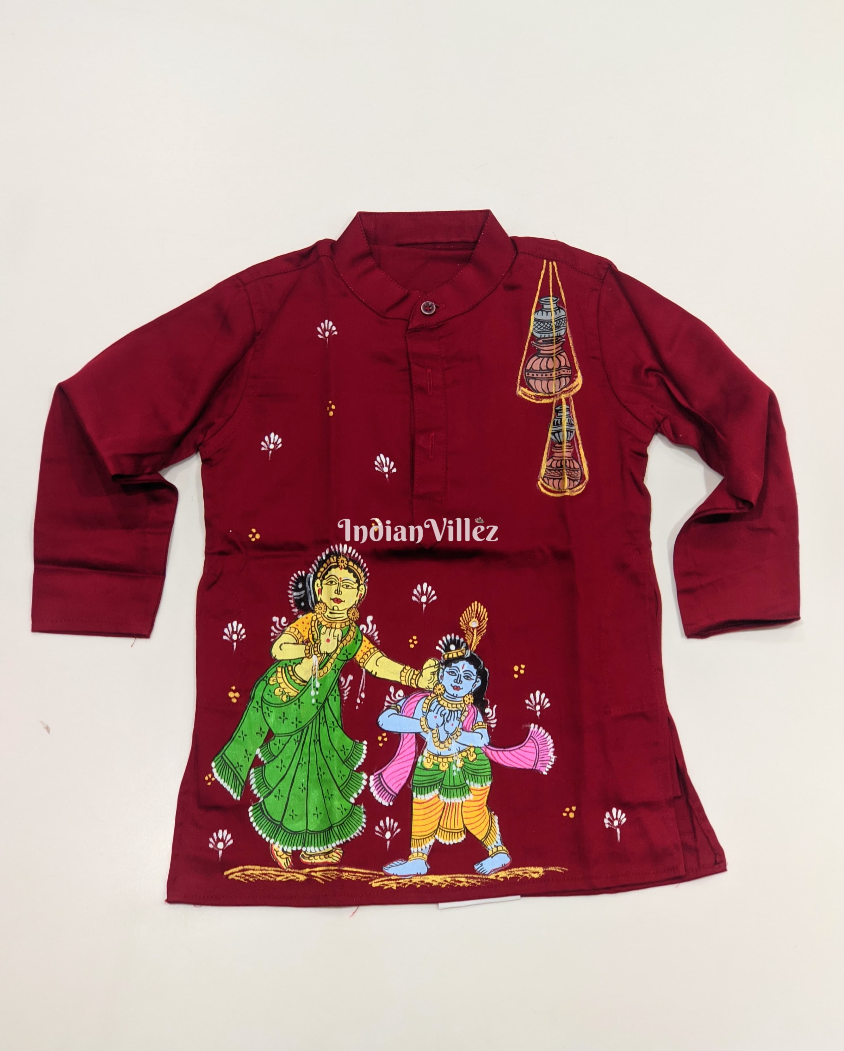 IndianVillèz Maroon Boys Krishna Yashoda Theme Pattachitra Kids Kurta & Pyjama Set - view 2