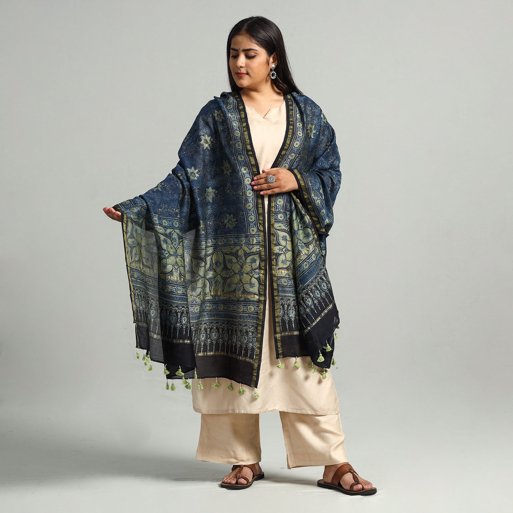 AJRAKH BY SUFIYAN ISMAIL KHATRI Blue - Block Printed Chanderi Silk Handloom Ajrakh Dupatta 03