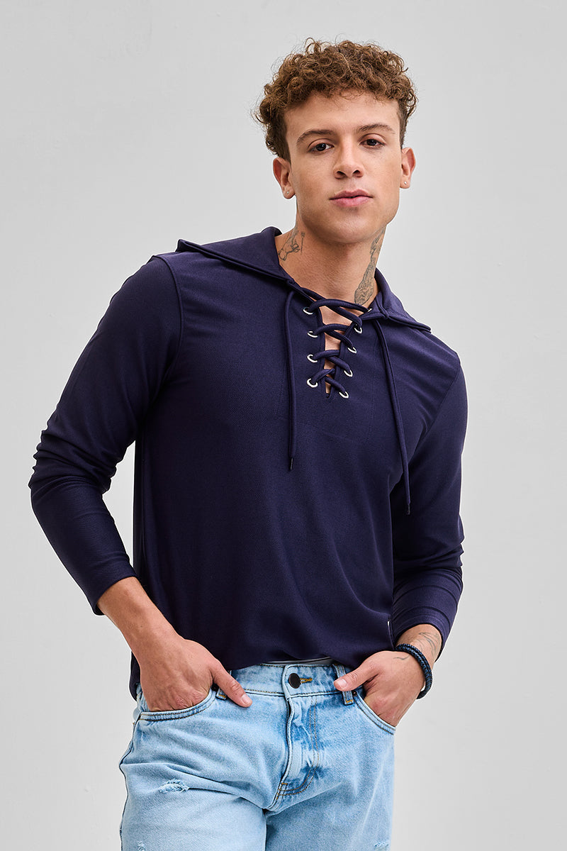 SNITCH Navy Lace-Up Textured Hoodie