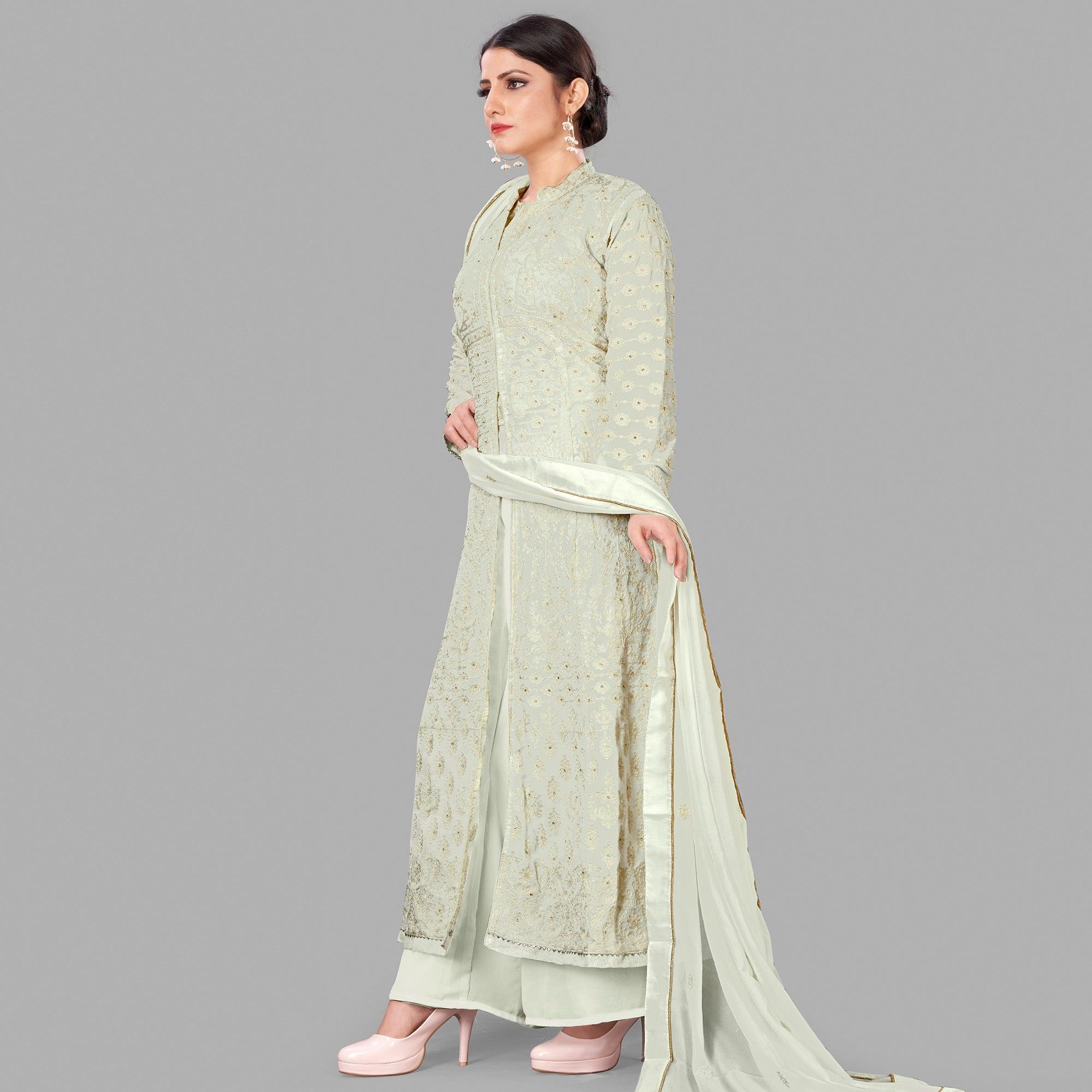 Peachmode Seller Cream Partywear Embroidered Heavy Faux Georgette A line Anarkali suit - view 2