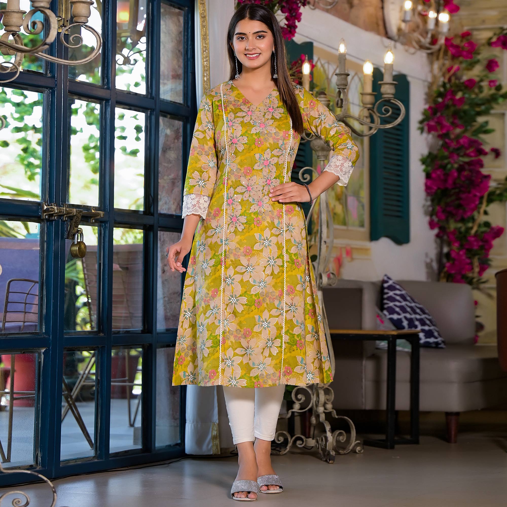 Peachmode Dark Lemon Green Floral Printed Giza Cotton Maxi Dress - view 2