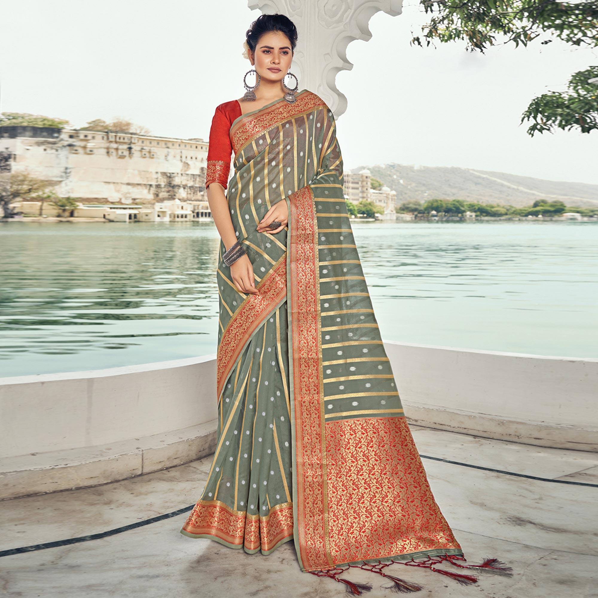 Peachmode Grey Woven Organza Saree With Tassels