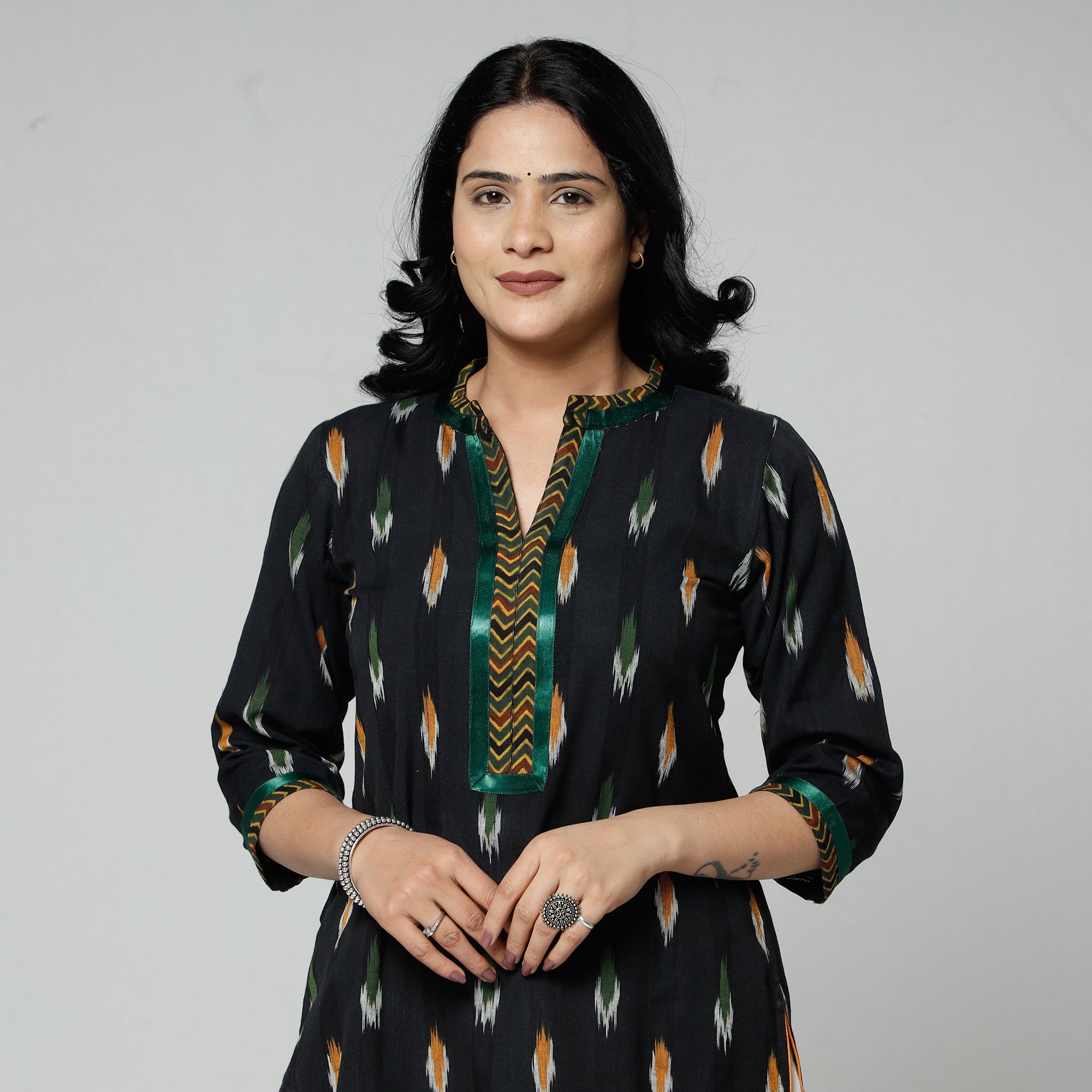 ITOKRI CASUALS Black Pochampally Ikat Weave Cotton Long Kurta