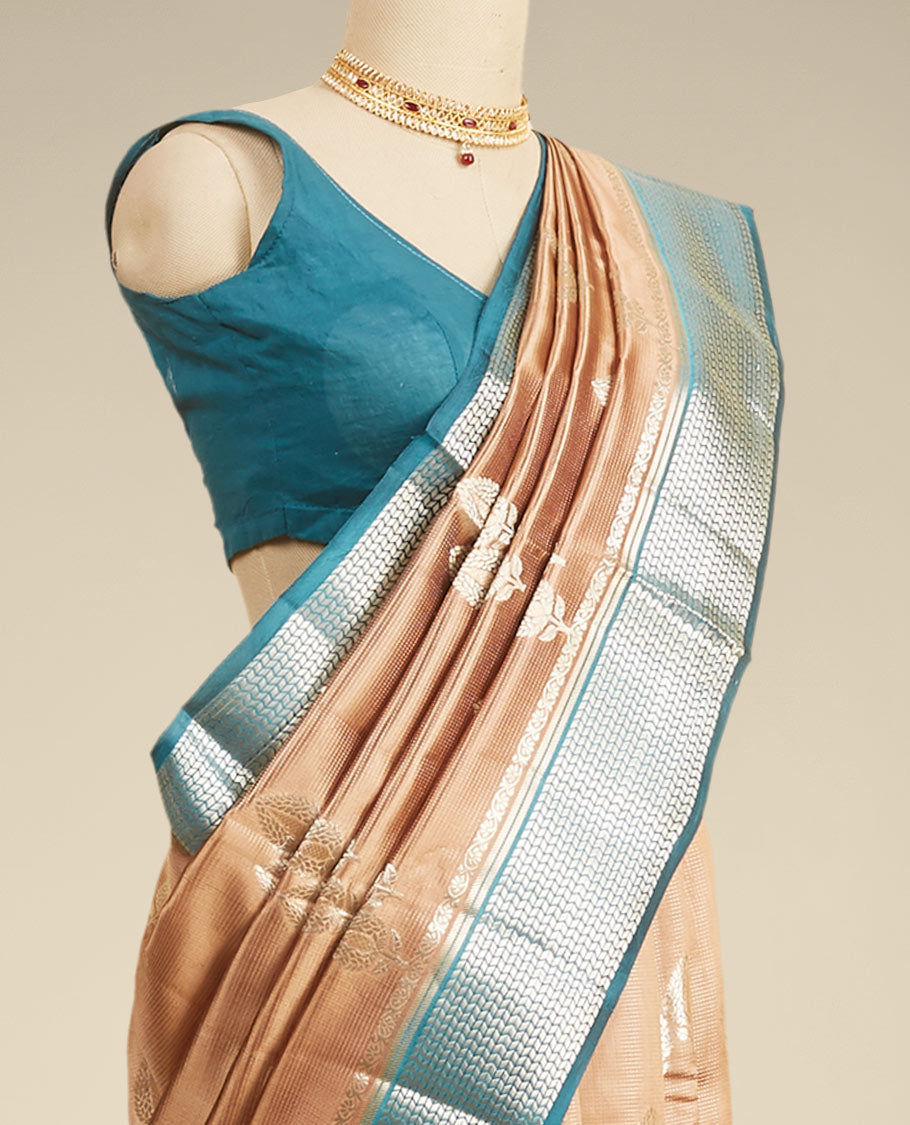 Pothys Multi-color jaal Mysore silk saree with zari design, contrast traditional zari border of floral enclosed paisleys