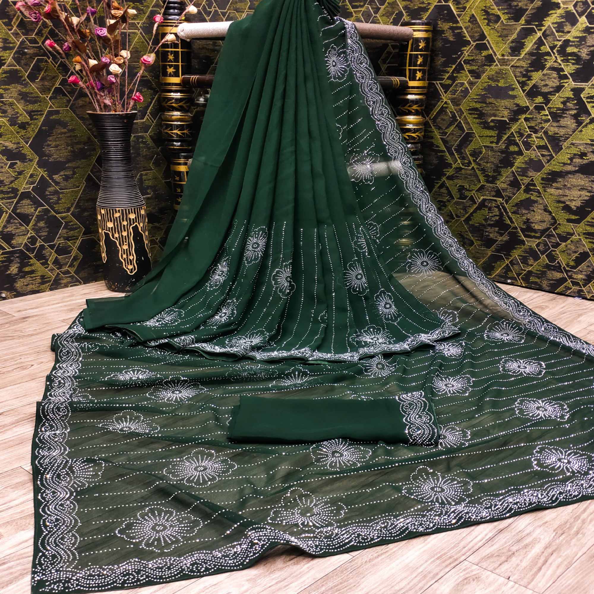Green sarees – BlackTree green-floral-swarovski-work-georgette-saree