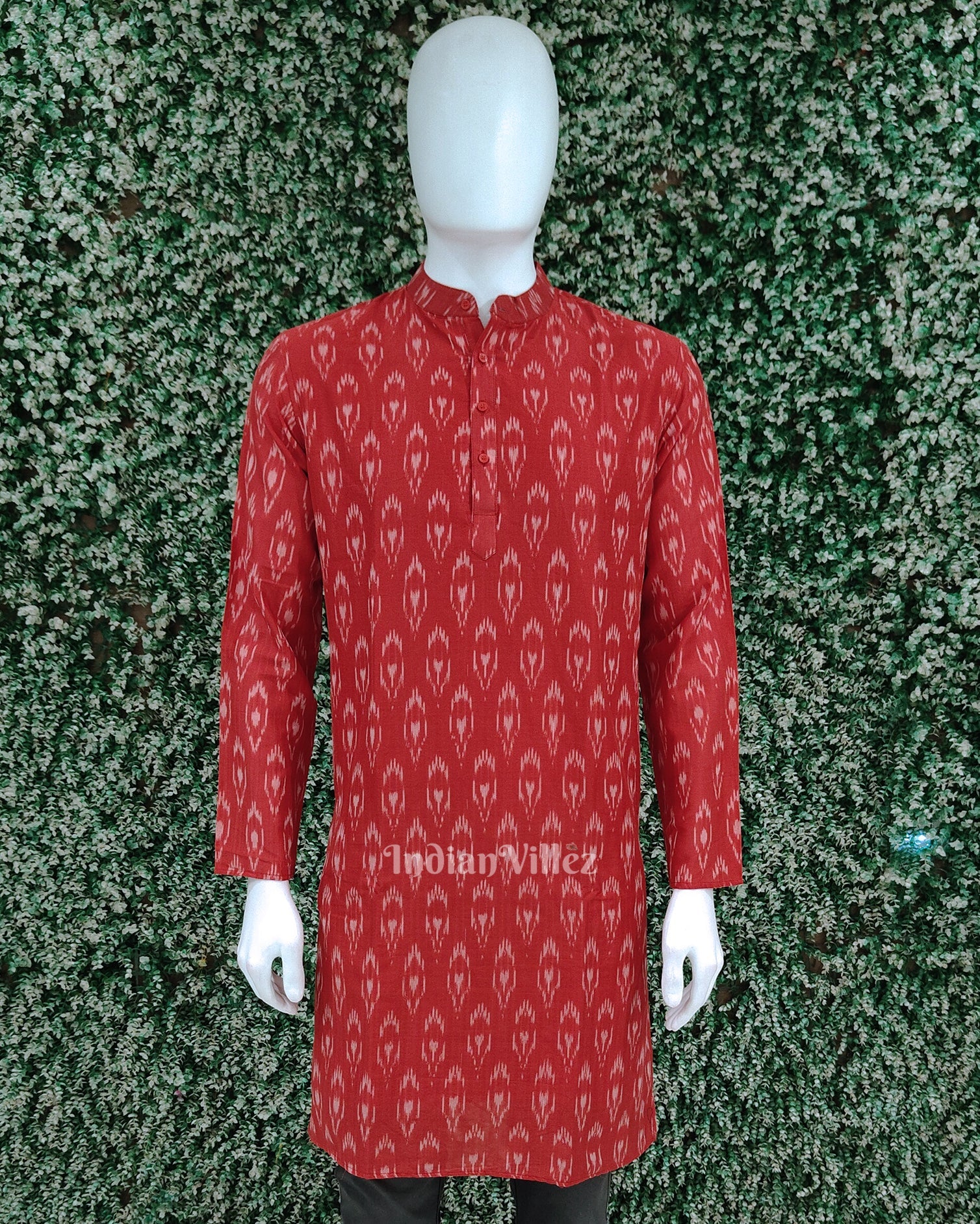 IndianVillèz Red Pochampally Ikat Cotton Kurta for Men