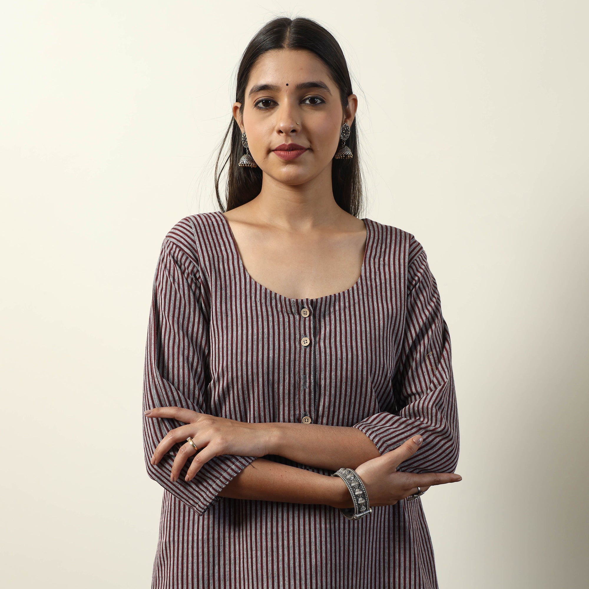 ITOKRI CASUALS Brown - Jhiri Handloom Cotton Straight Long Kurta