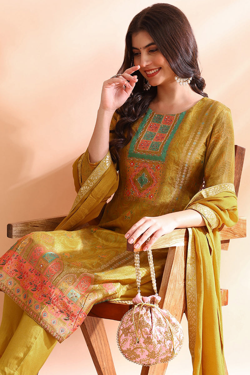 Ahika Mustard Yellow Silk Blend Abstract Woven Design Straight Trouser Bottom Suit Set PKSKD2583 - view 3