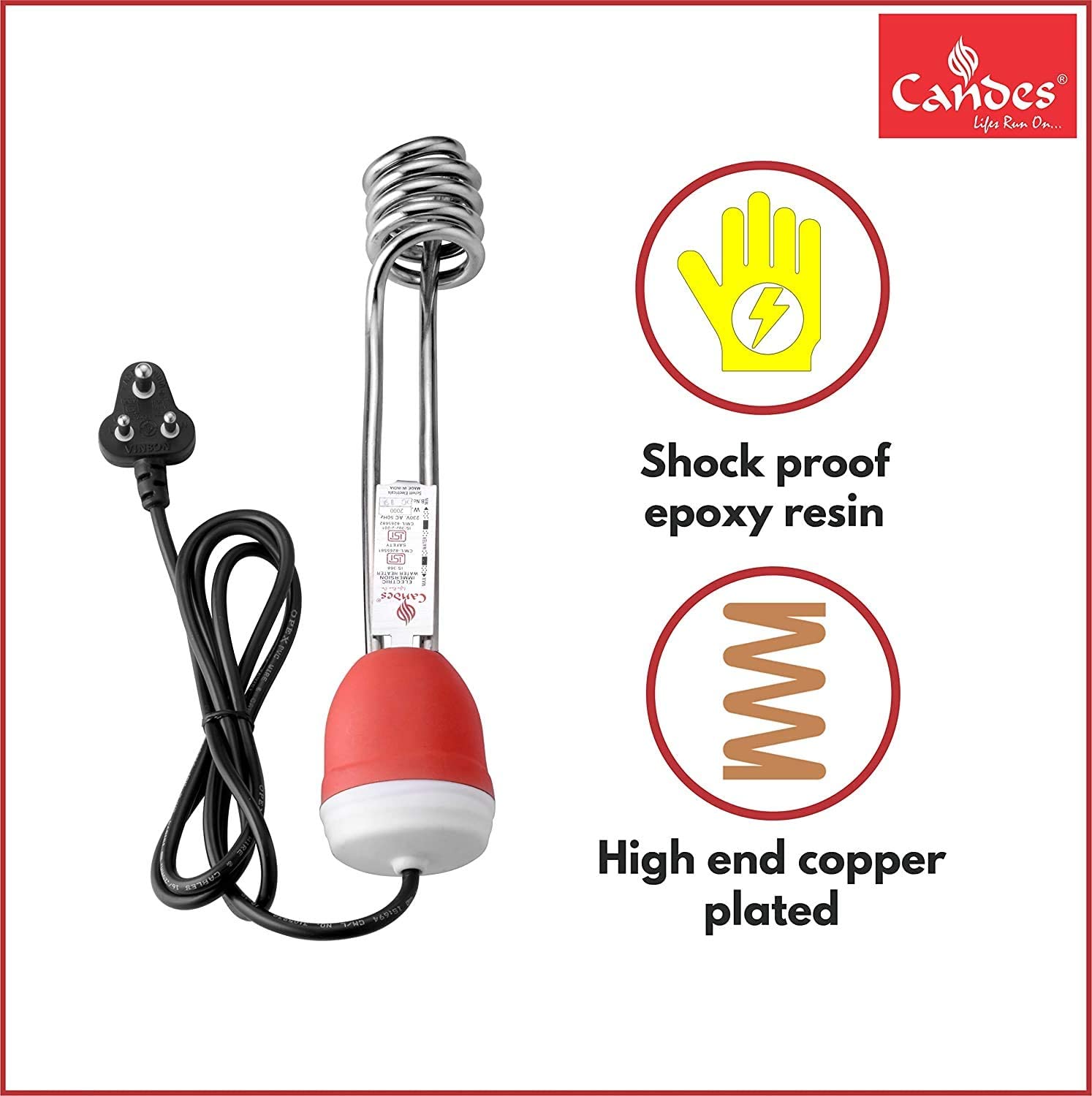 Candes Grand ISI Mark Shock-Proof & Water-Proof 2000W Shock Proof Immersion Heater Rod (Red, White) Pack of 2 - view 3