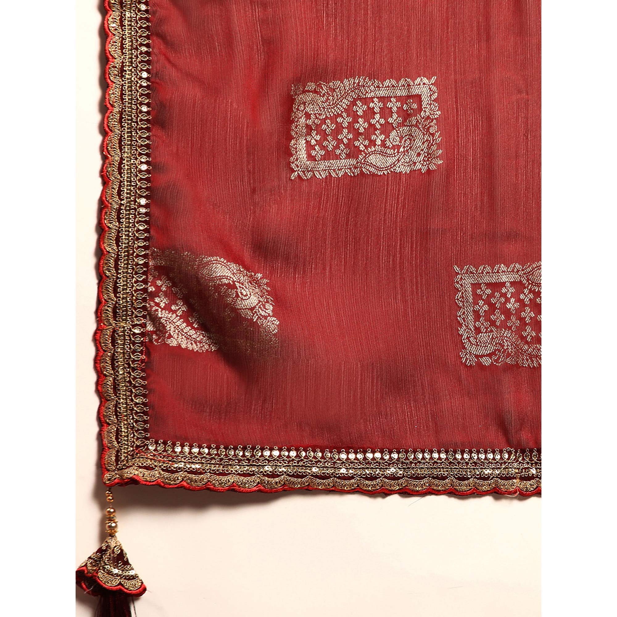 Peachmode Maroon Foil Printed With Embroidered Border Chiffon Saree - view 6