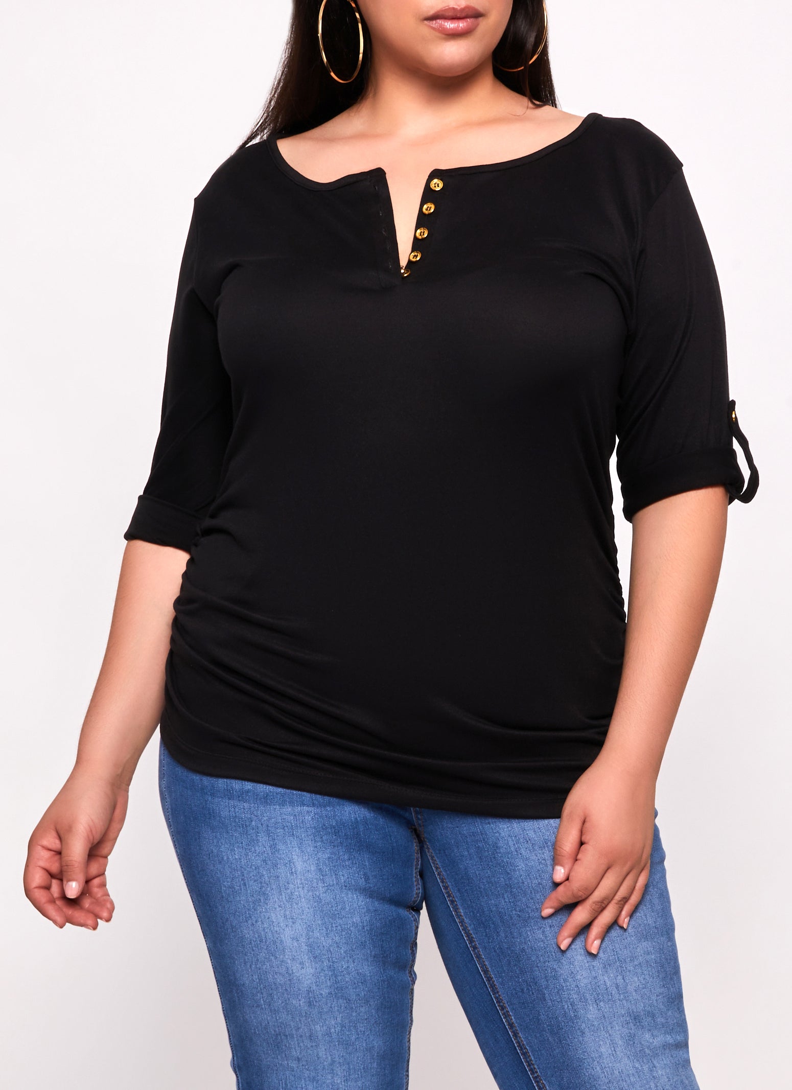 Rainbow Shops Plus Size Scoop Neck Tabbed Sleeve Top