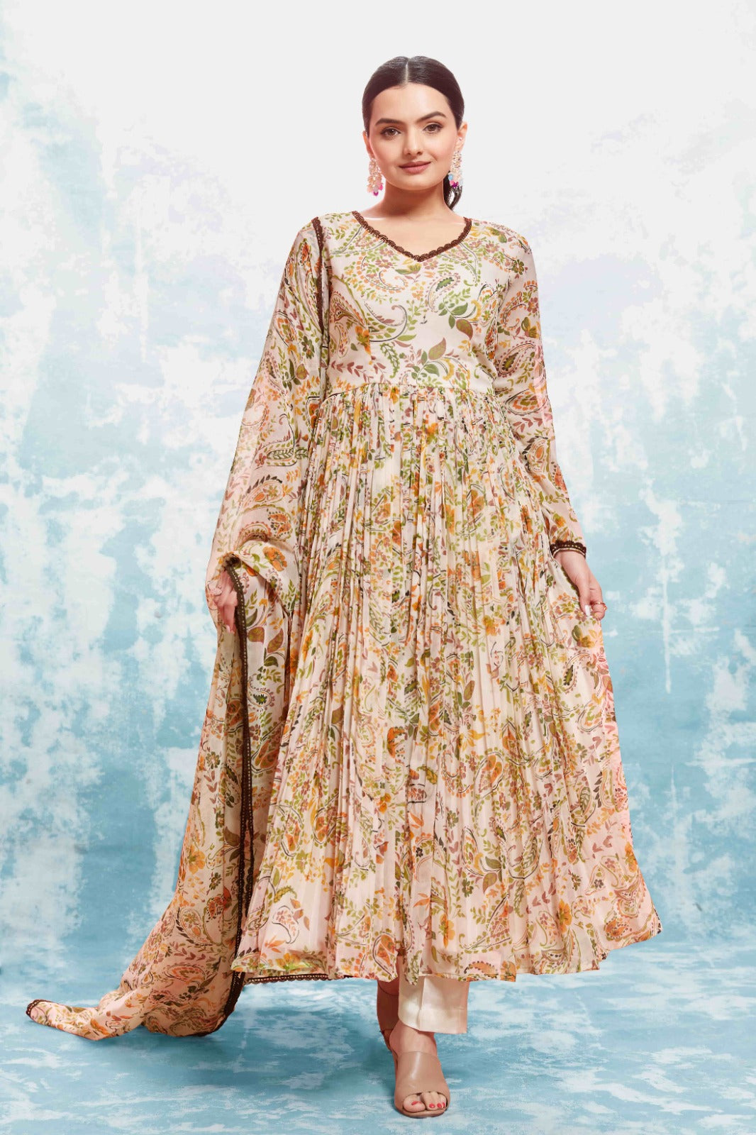 ClothsVilla Beige Georgette Printed Suit Set | Fully Stitched & Ready to Wear