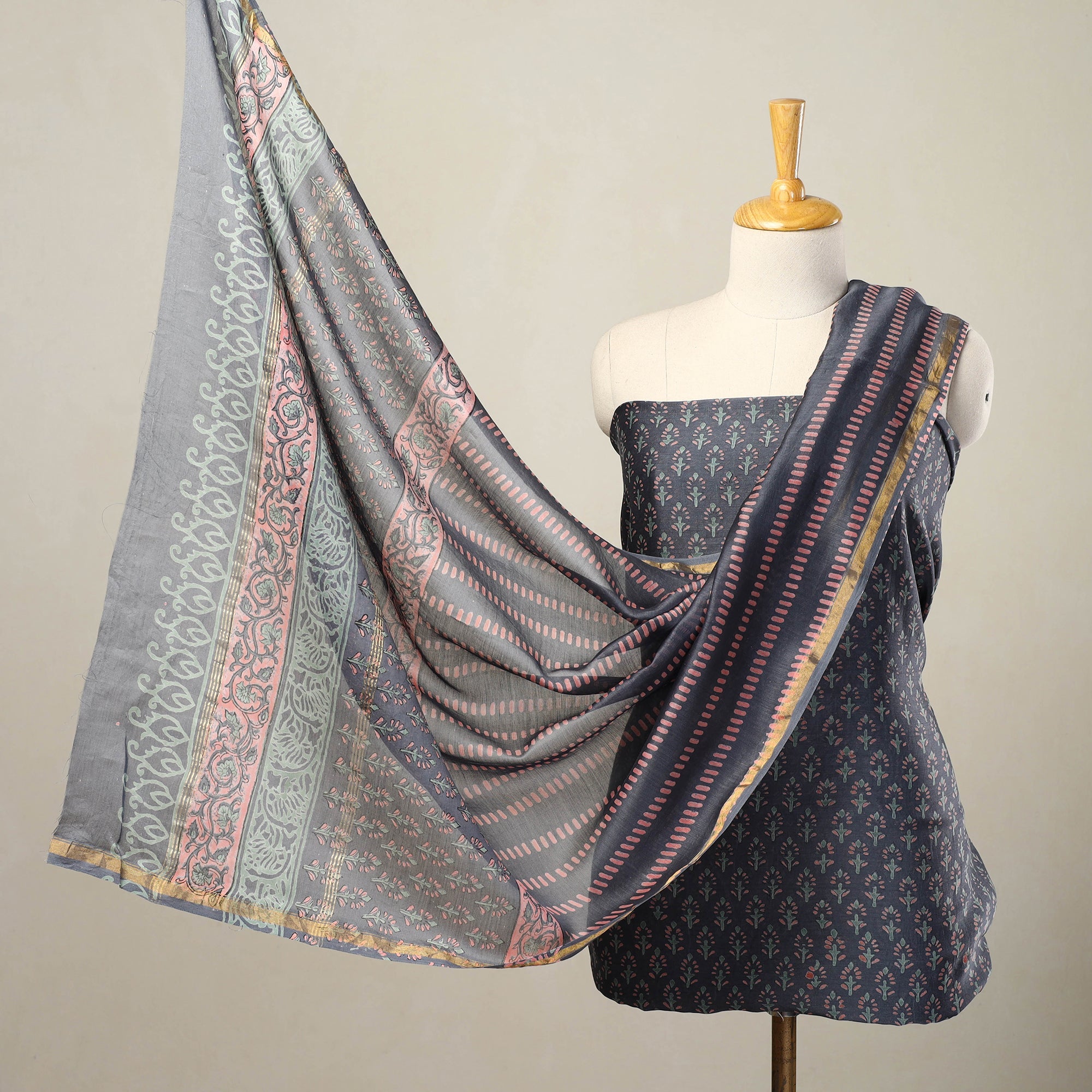 ARTISAN HAND BLOCK PRINTS Blue - 3pc Sanganeri Block Print Chanderi Silk Dress Material 21