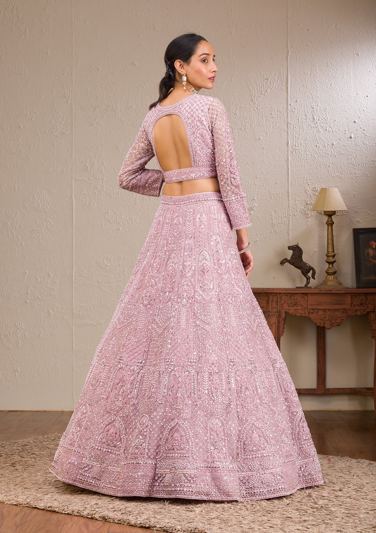 Koskii Pink Pearlwork Net Readymade Lehenga – Women's - view 3