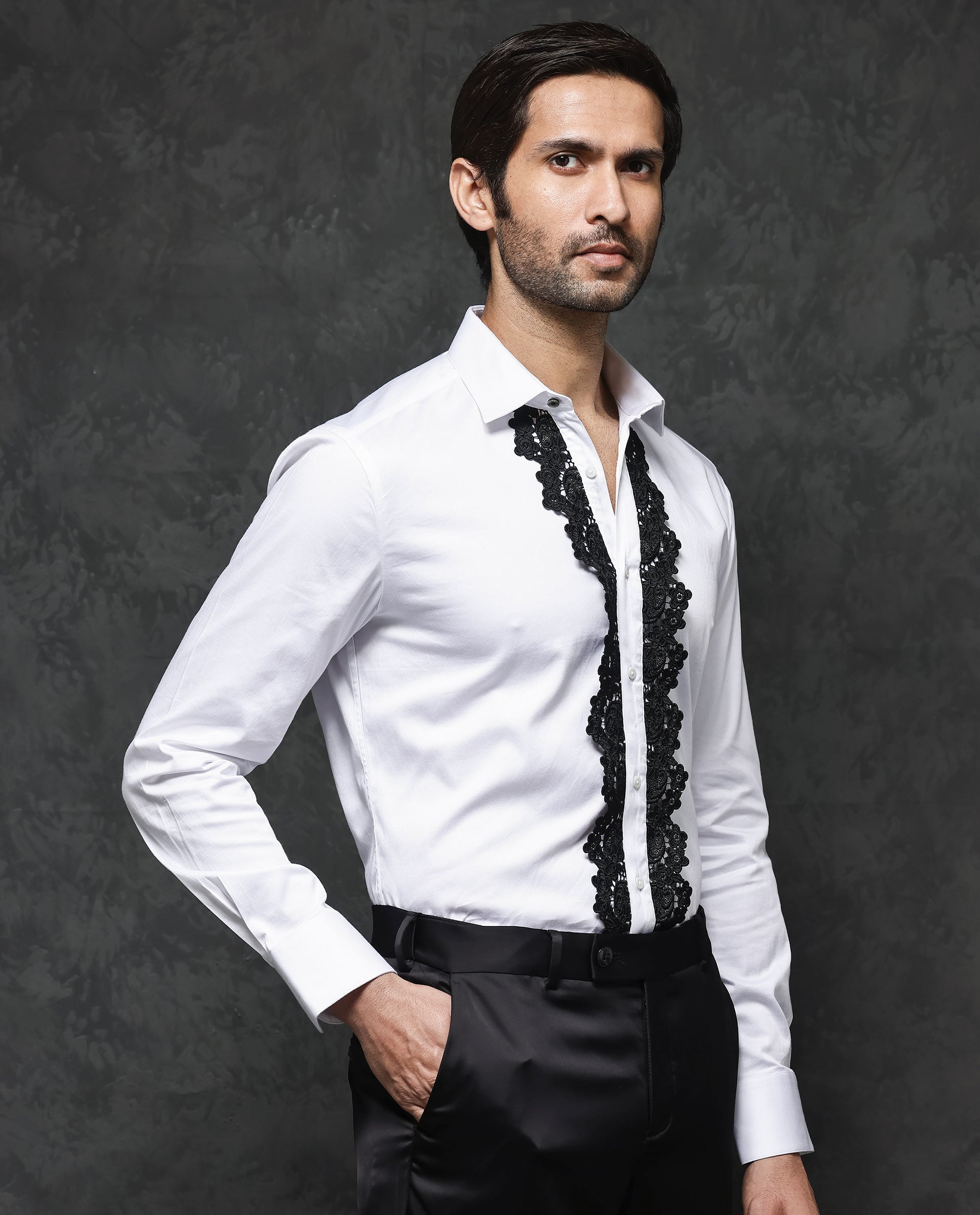Rare Rabbit Men's Tapeon White Collared Neck Solid Lace Embellished Regular Fit Shirt - view 3