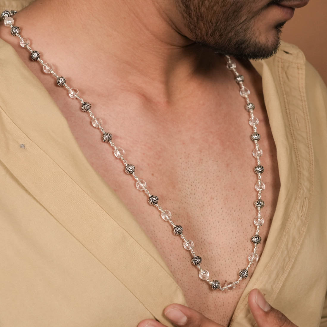 Prinjal Jewellers Sphatik Diamond Cut Beads With Om Silver Beads Mala - view 3