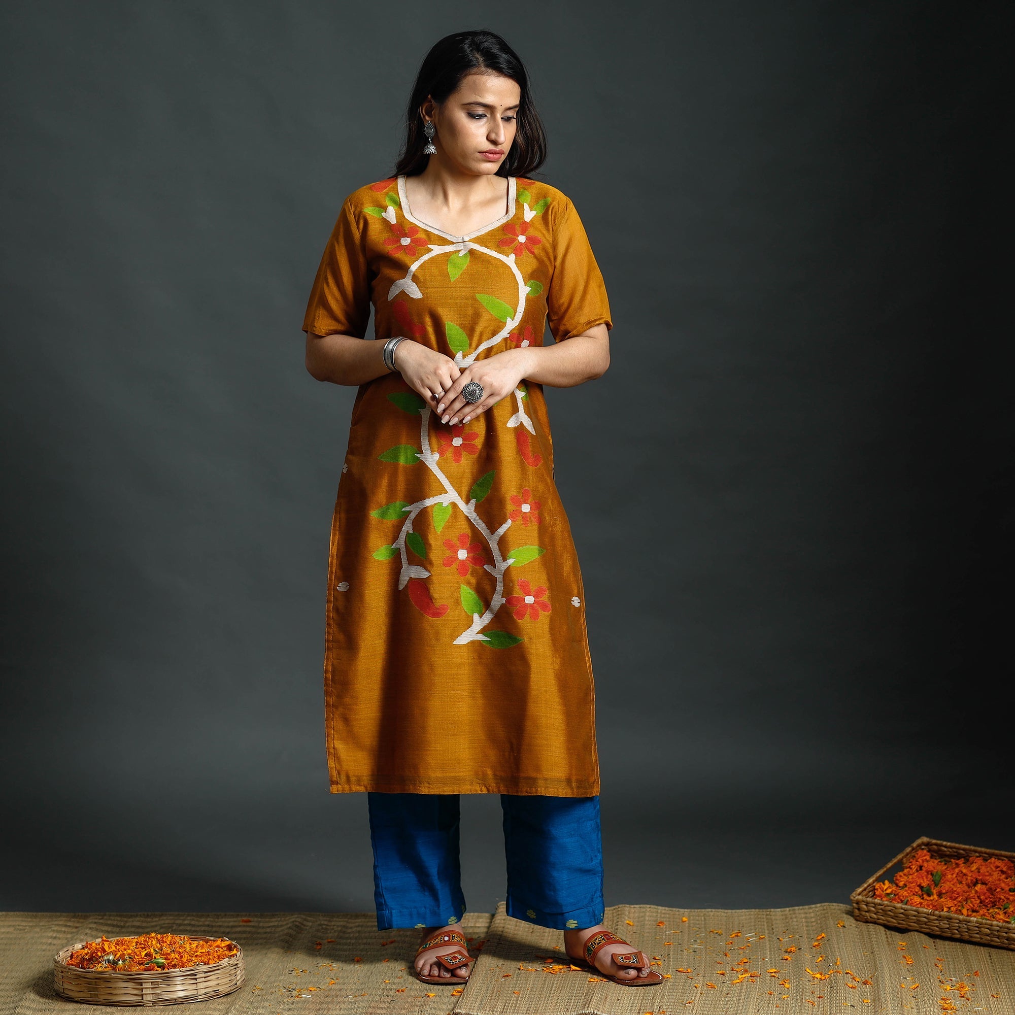 ITOKRI CASUALS Mustard & Blue - Phulia Jamdani Handloom Silk Cotton Kurta with Palazzo & Dupatta Set - view 3