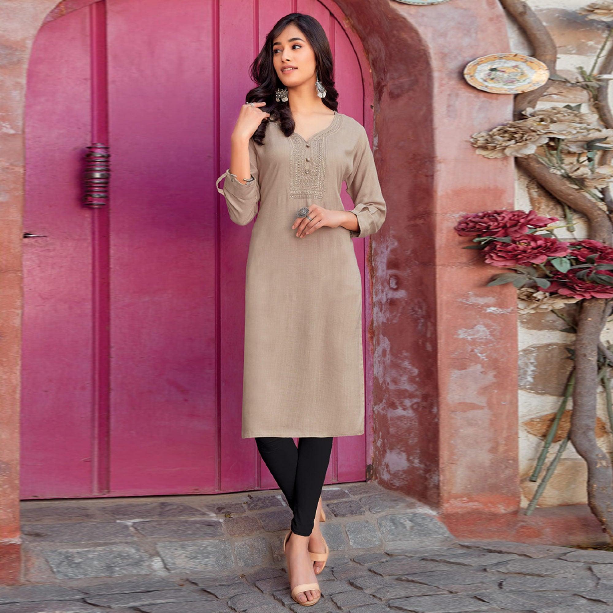 Peachmode Seller Cream Sequins Embroidered Pure Cotton Kurti