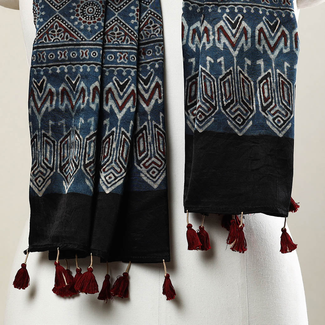 RIYAZ ABDULMAJID KHATRI - AJRAKH Blue - Ajrakh Block Printed Mashru Silk Stole with Tassels - view 3