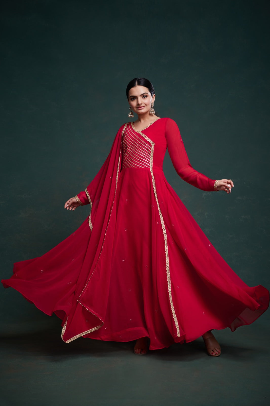 ClothsVilla Chic Red Georgette Dress with Elegant Prints – Ready to Wear