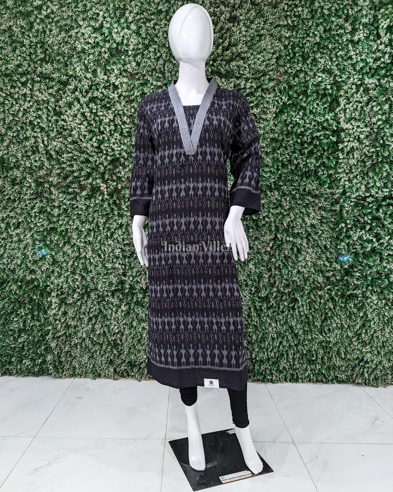 IndianVillèz Black Grey Tribal Theme Odisha Ikat Designer Cotton Kurti for Women