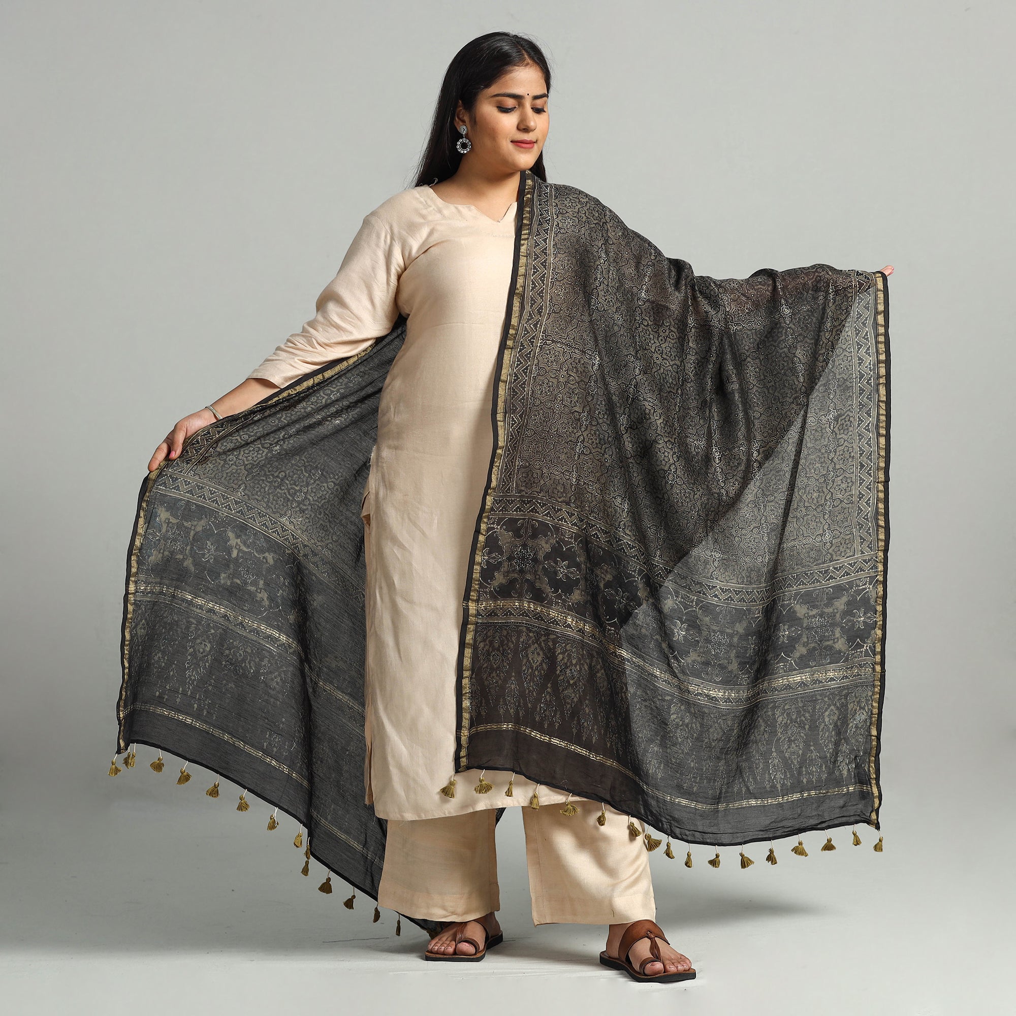 AJRAKH BY SUFIYAN ISMAIL KHATRI Black - Block Printed Chanderi Silk Handloom Ajrakh Dupatta 22