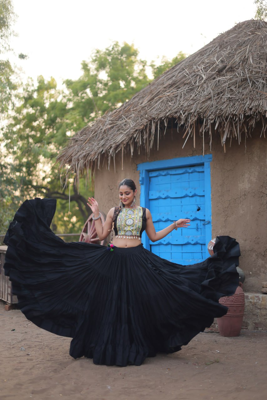 ClothsVilla Black Traditional Reyon Lehenga Set with Embroidered Blouse and Koti - view 3