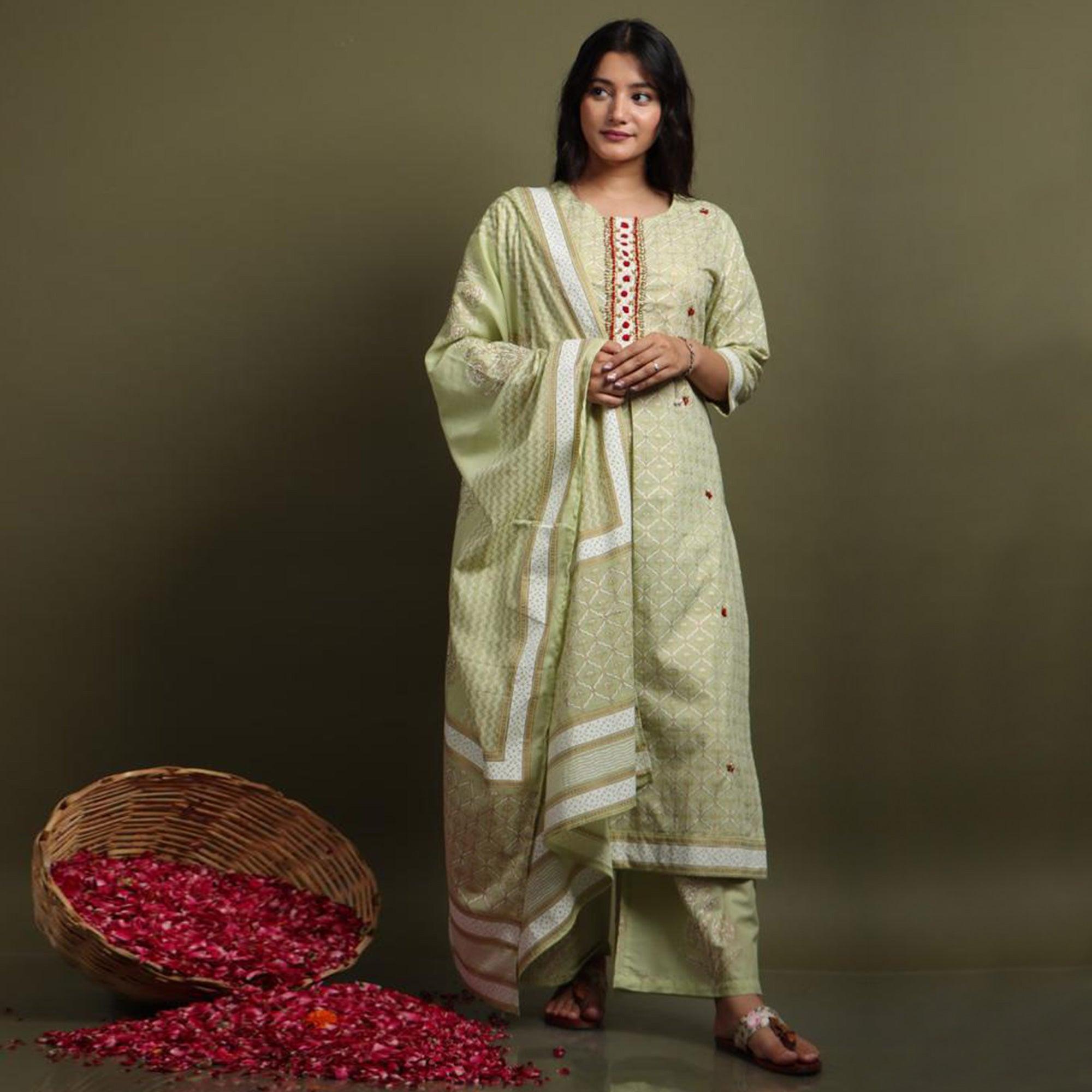 Peachmode Light Pista Green Casual Wear Printed Cotton Kurti - Palazzo Set With Dupatta