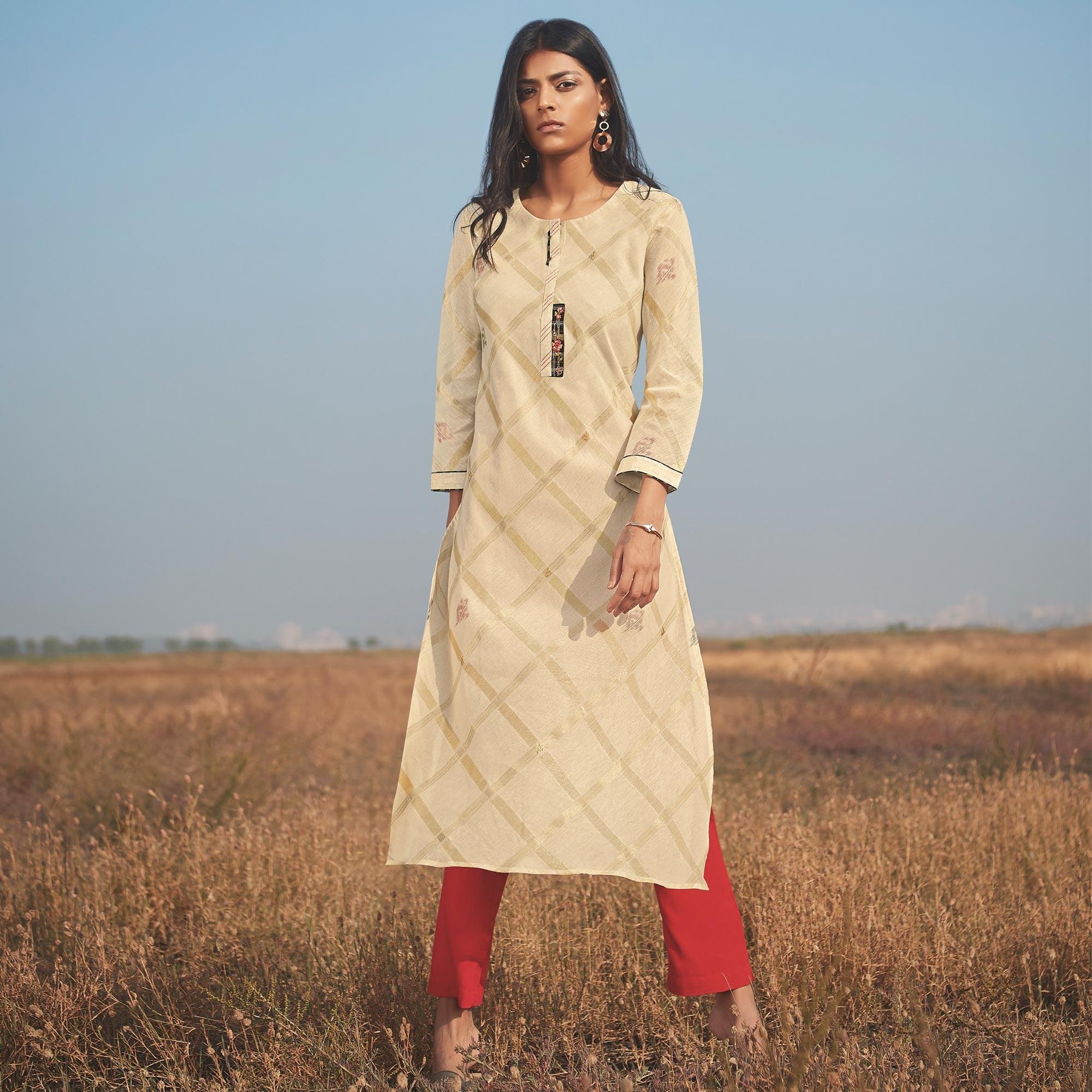 Peachmode Seller Innovative Beige Colored Party Wear Handwork Handloom Cotton Kurti-Pant Set