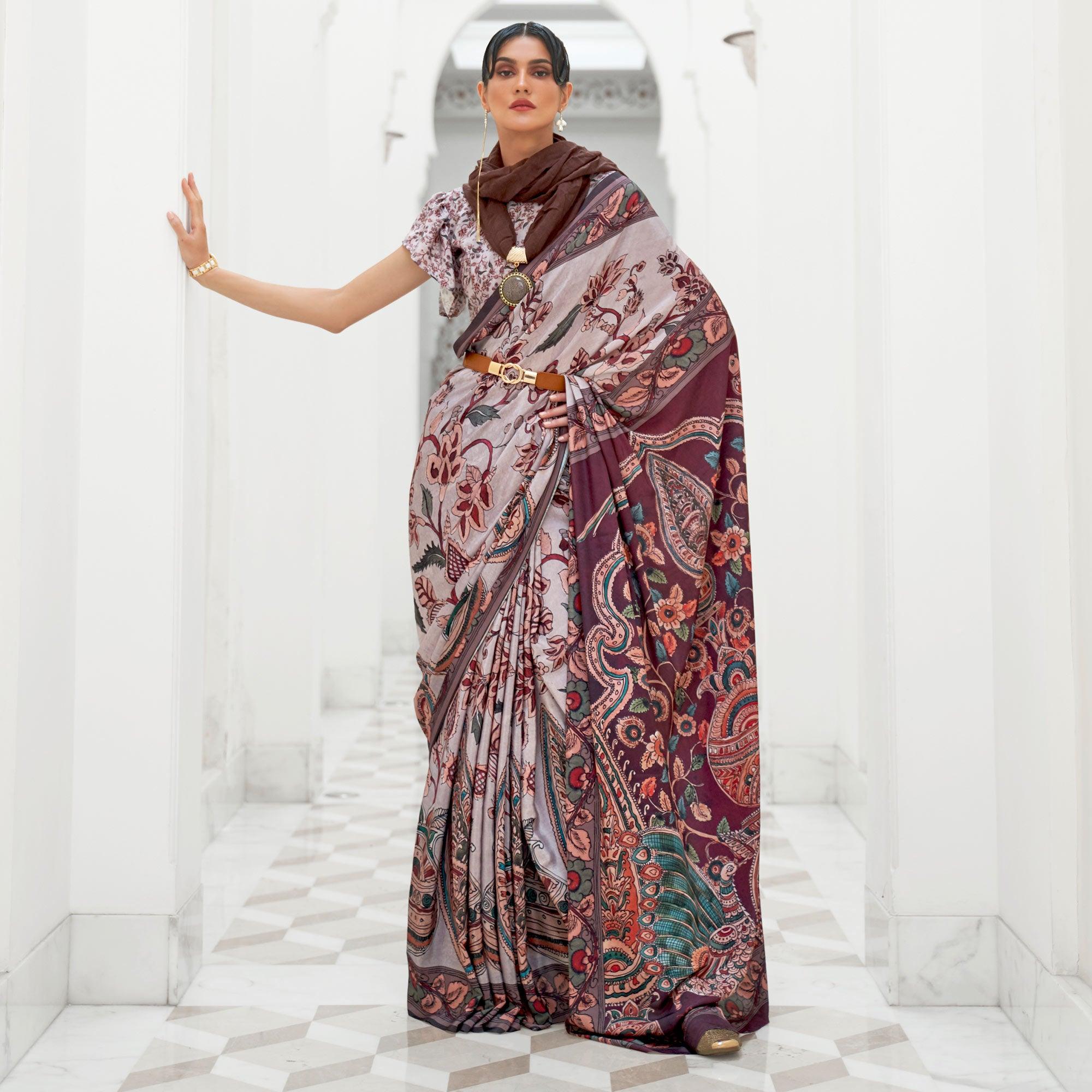 Peachmode Grey Partywear Floral Digital Printed Silk Saree - view 2