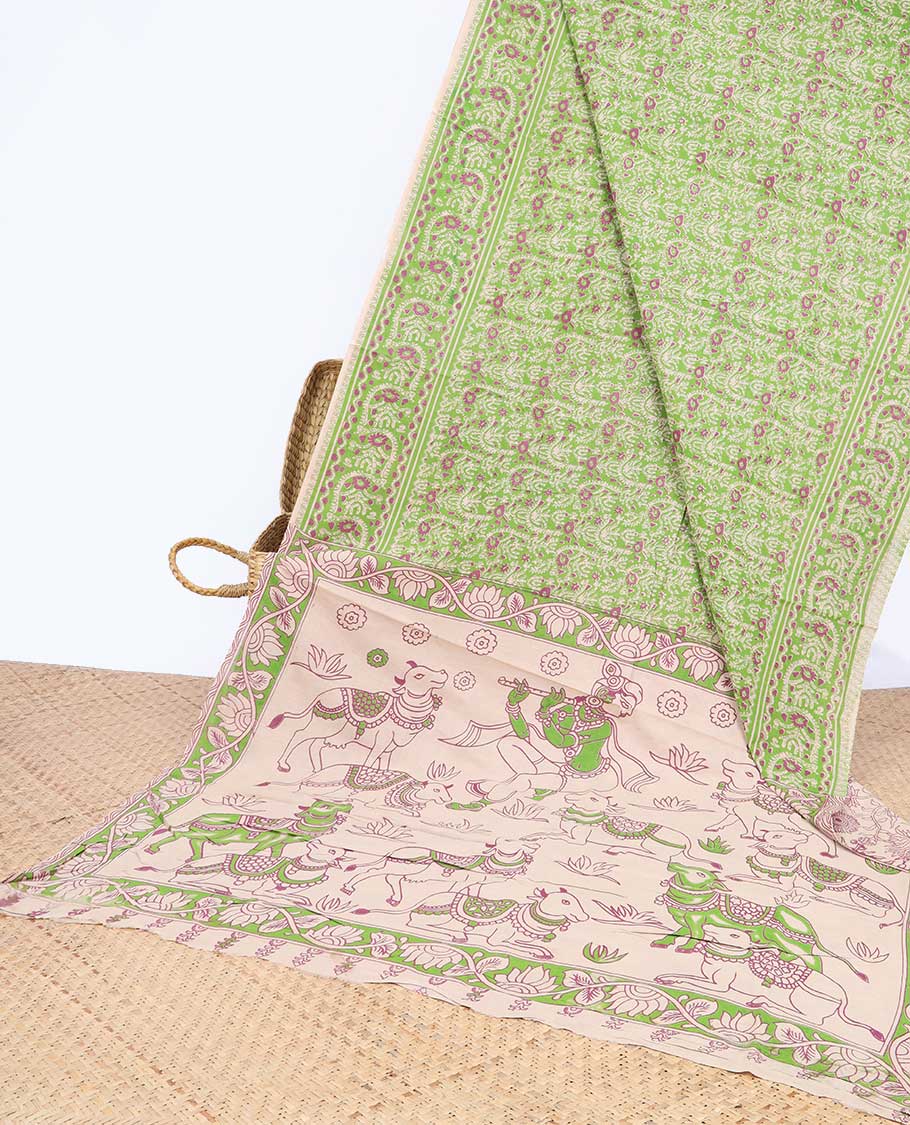 Pothys Green intricately machine-printed kalamkari cotton saree, contrast Pichwai cow & God Krishna motif pallu