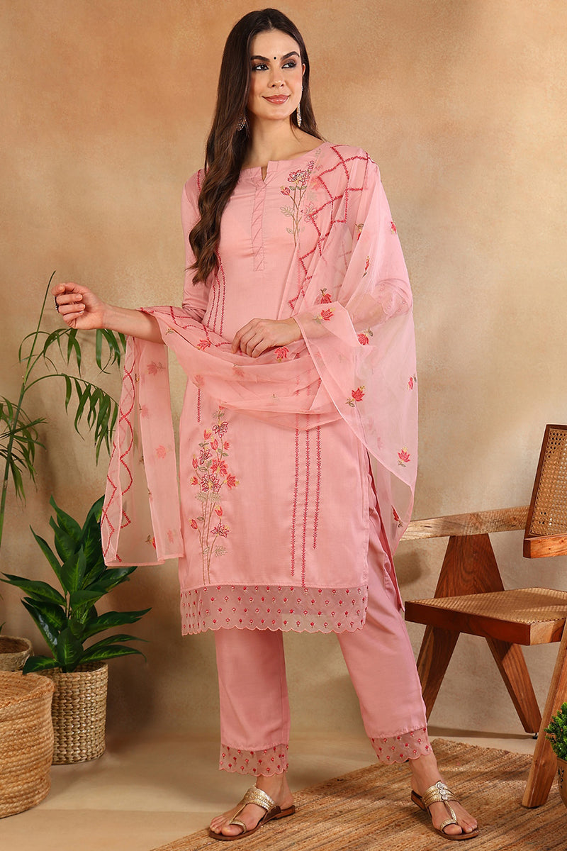Ahika Pink Silk Blend Solid Embroidered Straight Trouser Suit Set PKSKD2631 - view 5