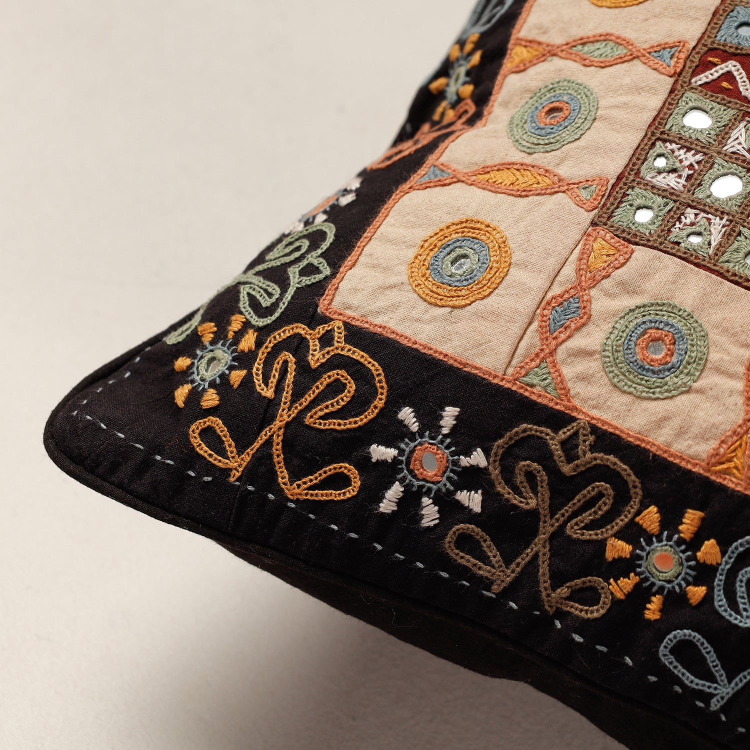Black - Kala Raksha Rabari Hand Embroidery Cotton Cushion Cover (12 x 12 in) - view 2