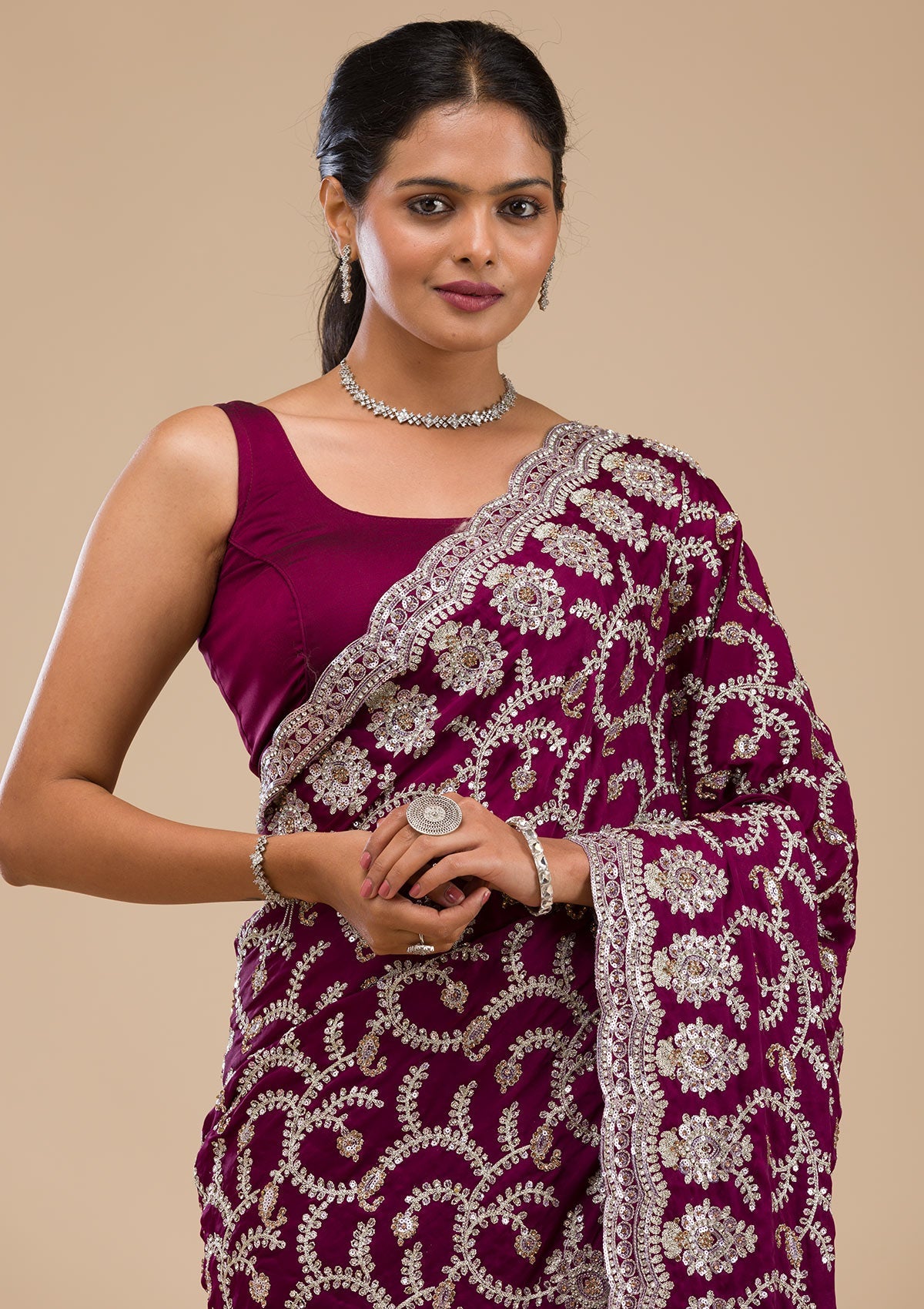 Koskii Wine Zariwork Georgette Saree – Women's - view 6