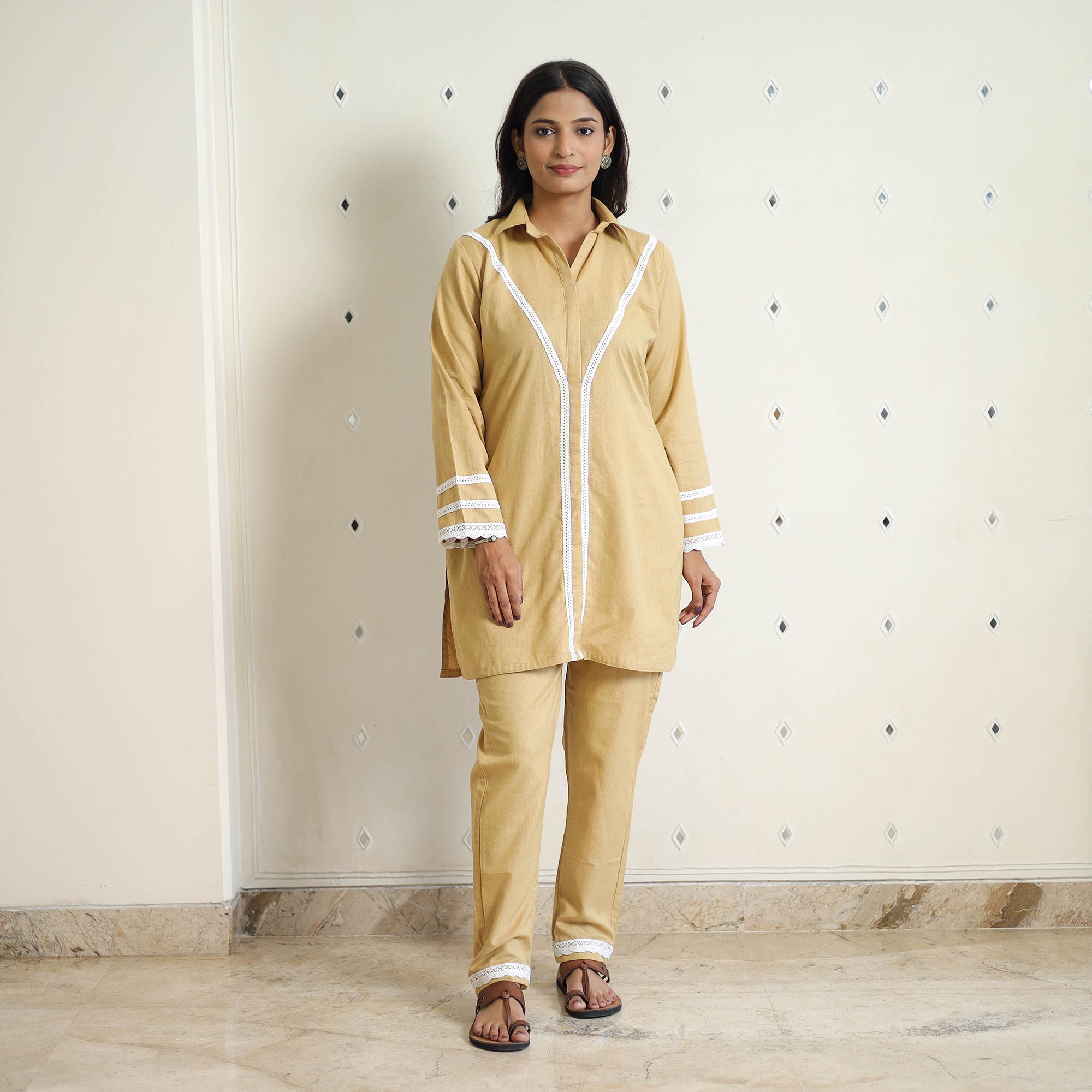 ITOKRI CASUALS Brown - Flex Cotton Plain Co-Ord Set With Lace Work 02