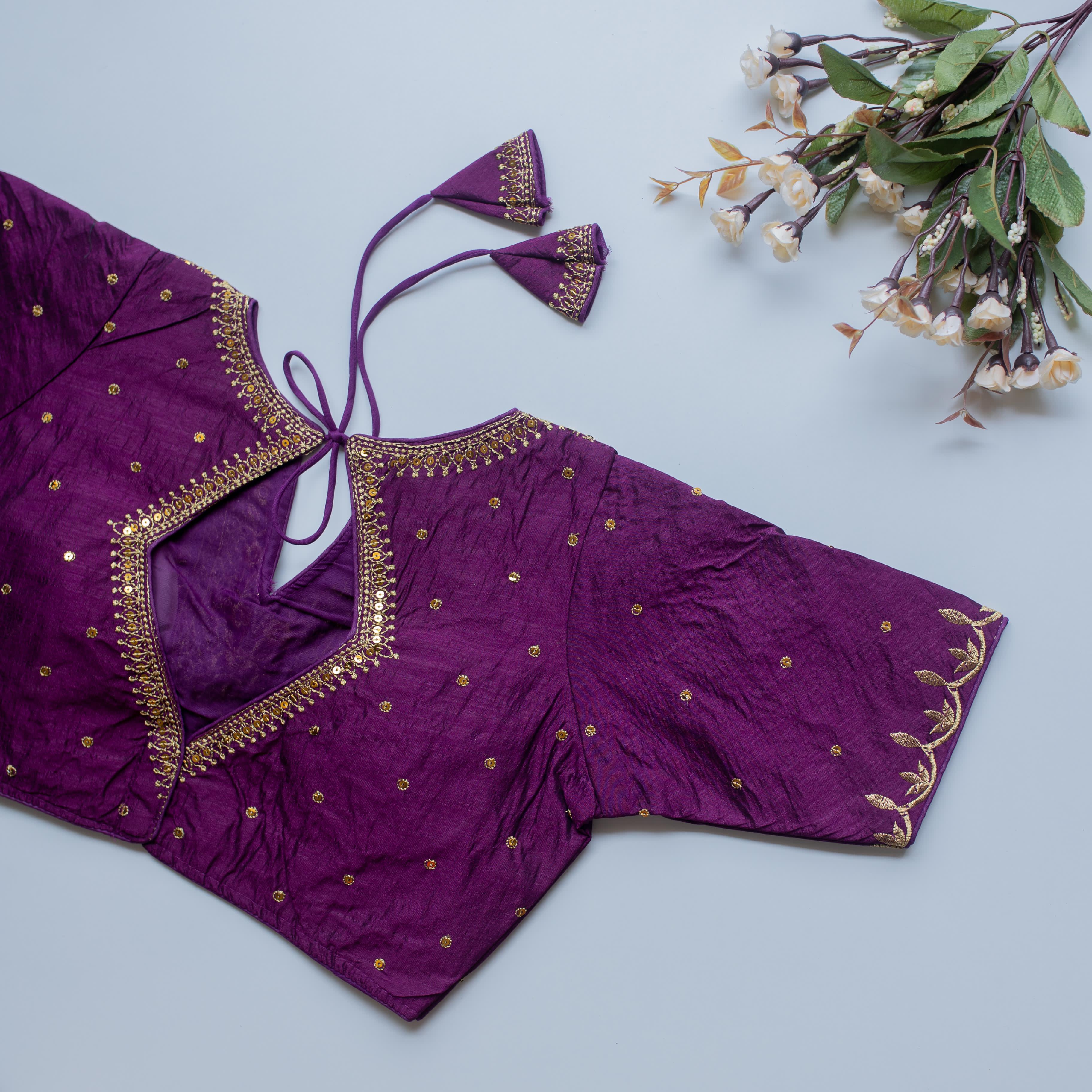 ClothsVilla Purple Olive Silk Blouse with Golden Embroidery and Sequence Accents