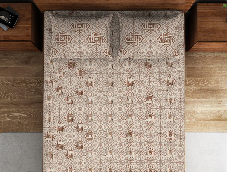 Spaces India Geometric Turtledove - Light Taupe 100% Cotton Double Bedsheet - Morroccan By Spaces - view 3