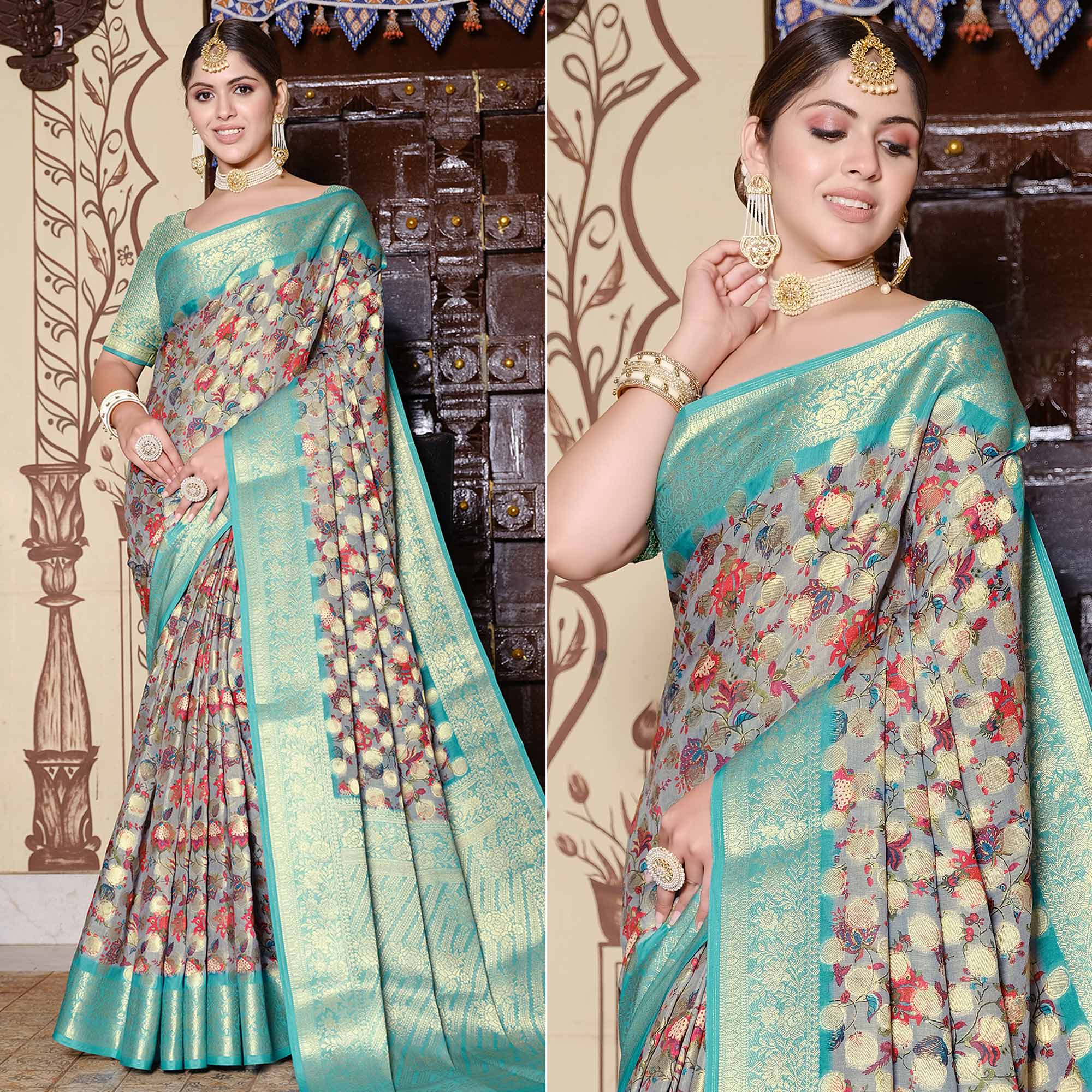 Grey sarees – BlackTree grey-turquoise-floral-printed-pure-cotton-saree