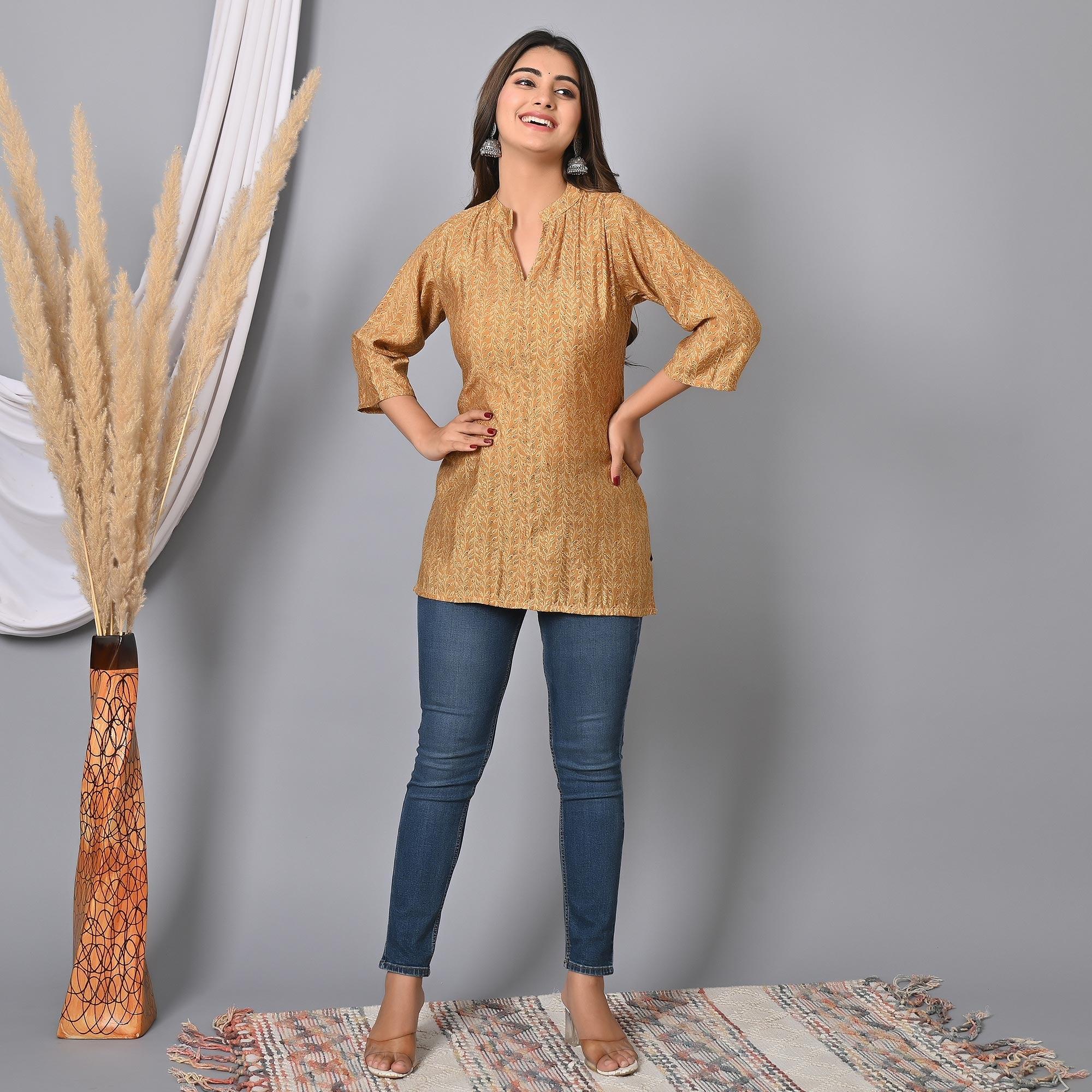 Peachmode Chikoo Colored Floral Printed Chanderi Top - view 9