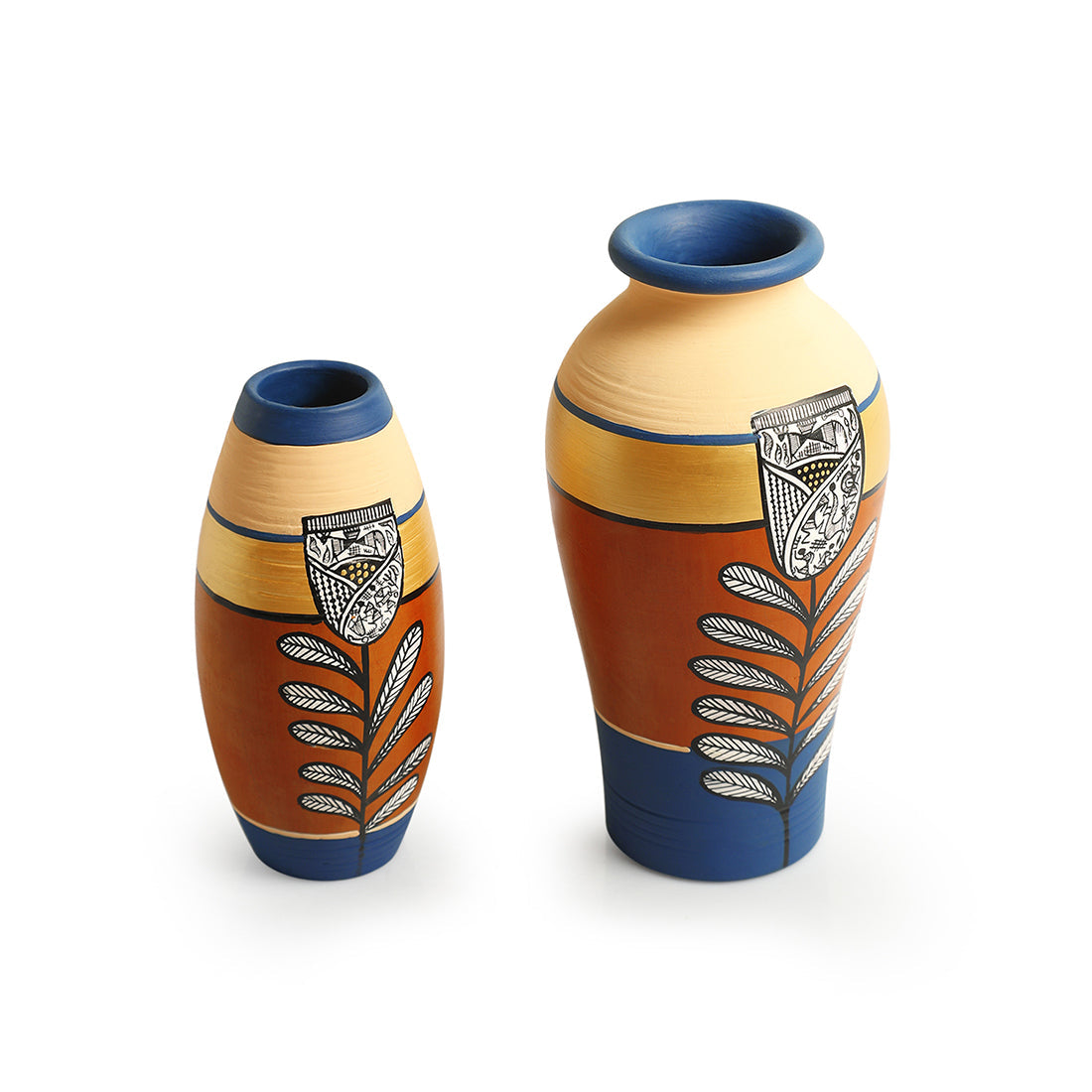 EXCLUSIVELANE 'Tulip Warli Tales' Hand-Painted Terracotta Vases (Set of 2, Brown & Blue) - view 2