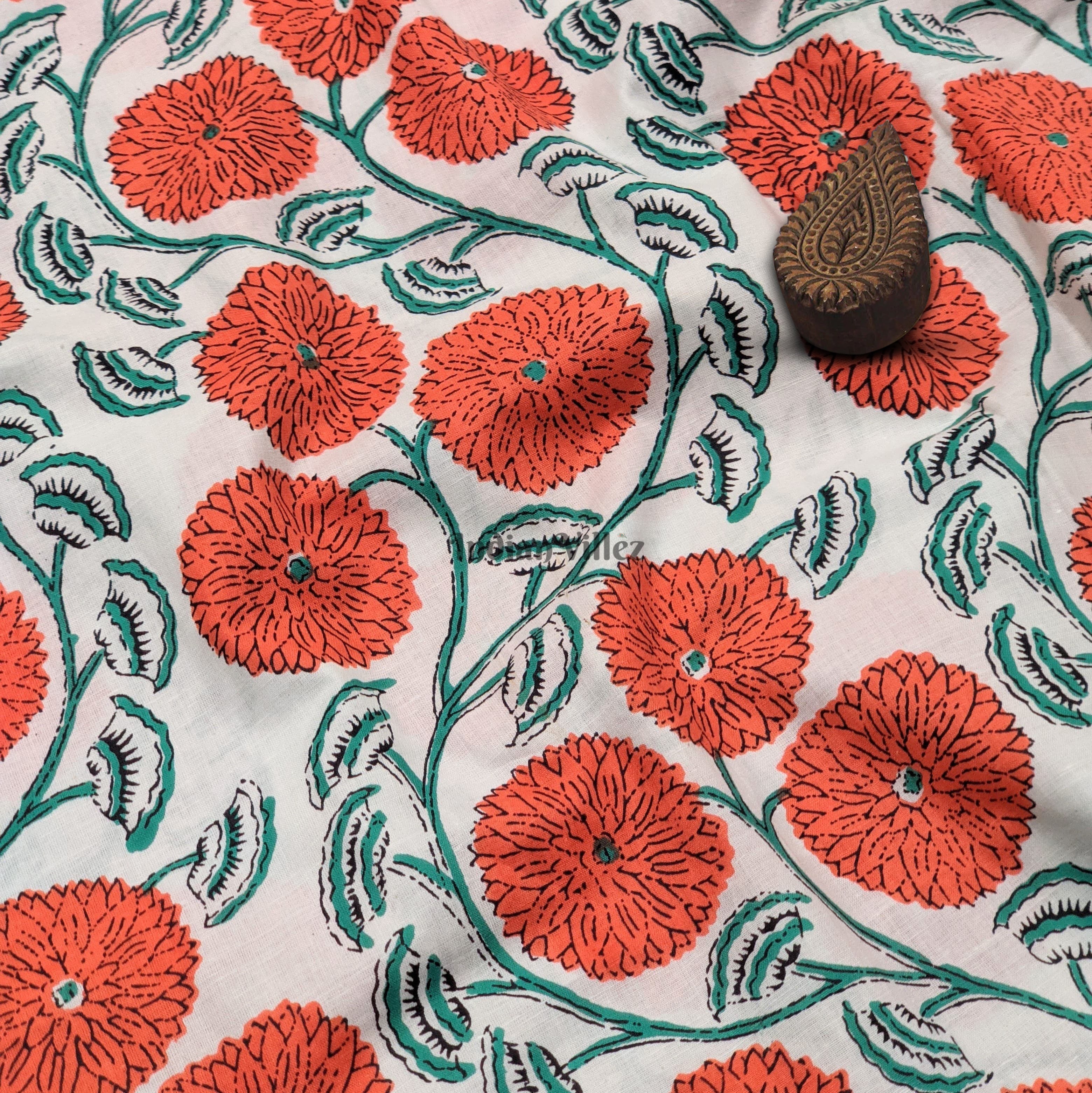 IndianVillèz White Red Floral Hand Block Printed Cotton Fabric