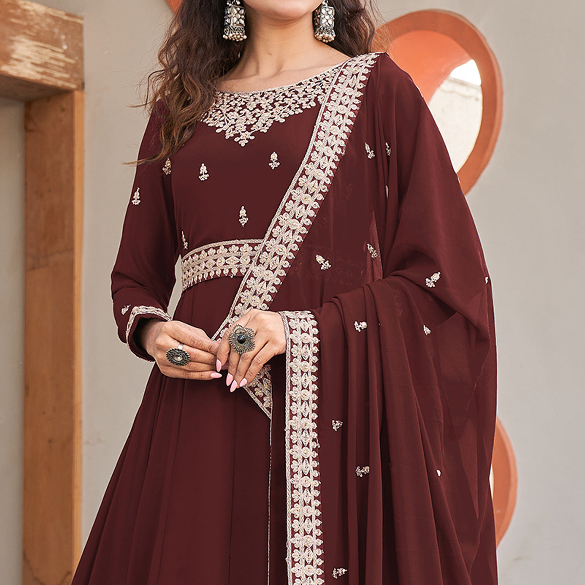 Peachmode Coffee Brown Sequins Embroidered Georgette Anarkali Suit - view 2