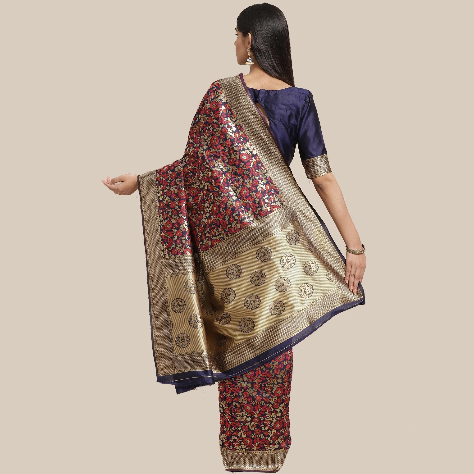 Peachmode Innovative Navy Blue Colored Festive Wear Woven Silk Blend Saree - view 2