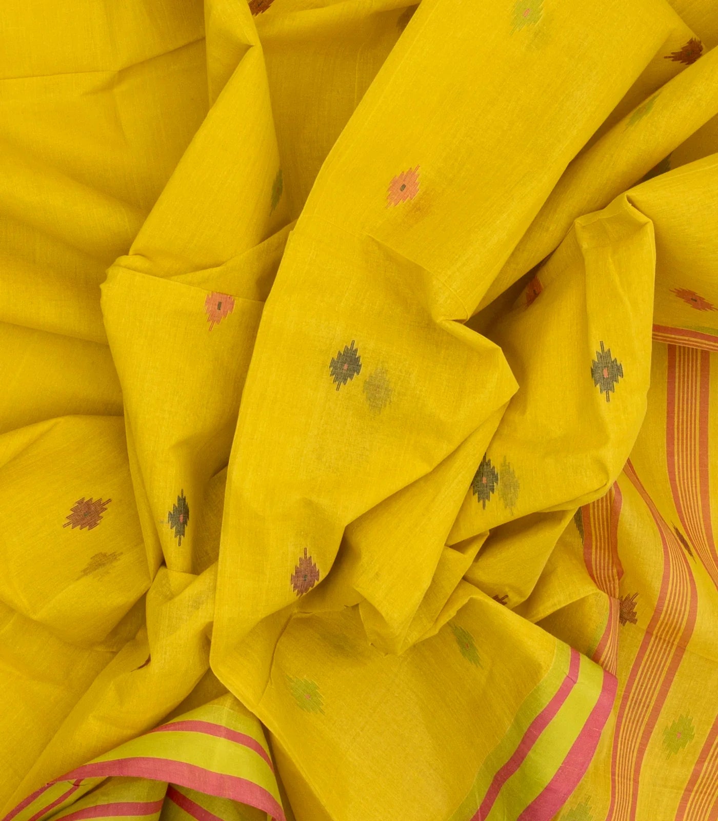 RmKV Lemon Yellow Handloom Bengal Cotton Saree With Diamond Motifs - view 3